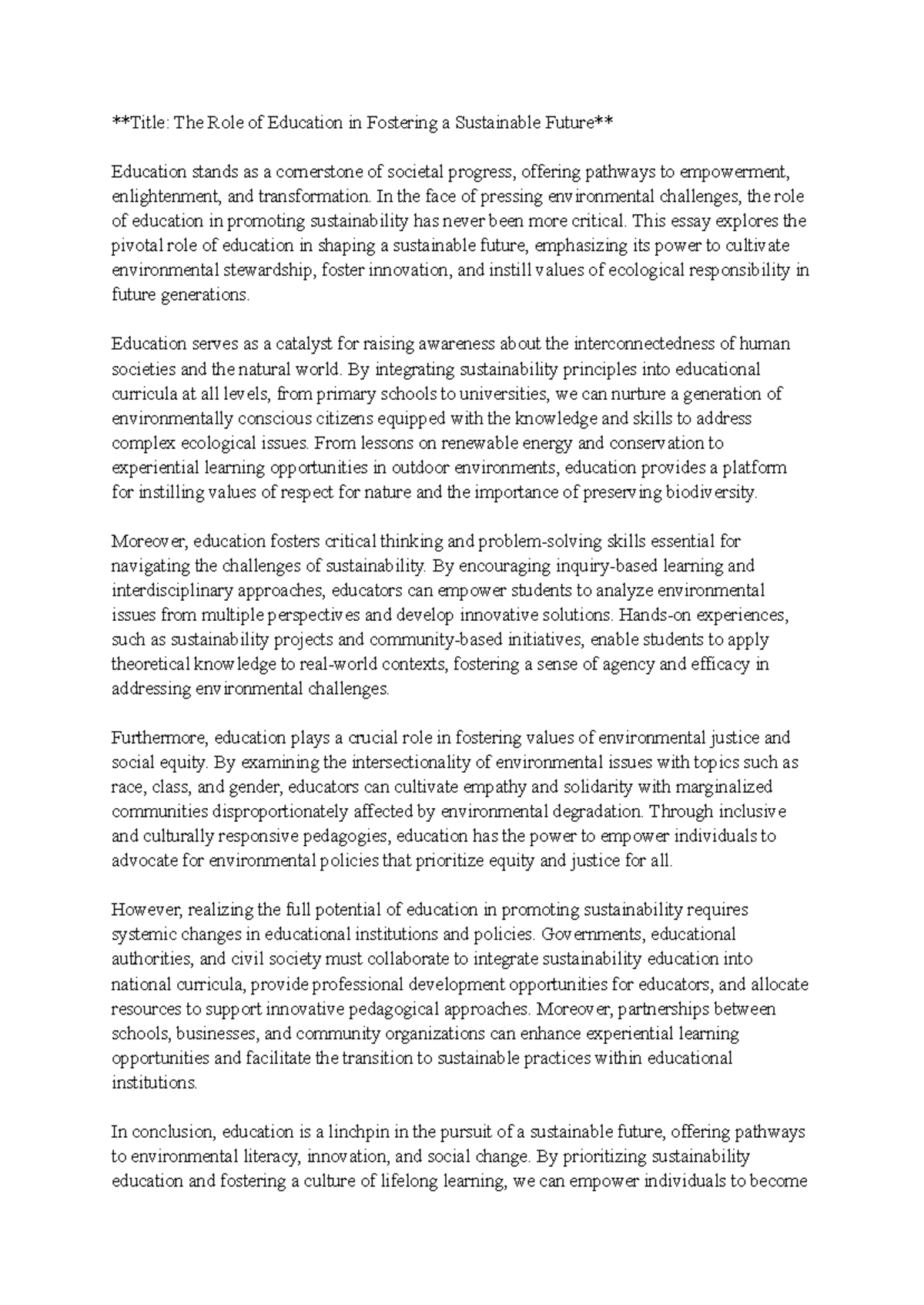The Role of Education in Fostering a Sustainable Future - In the face ...