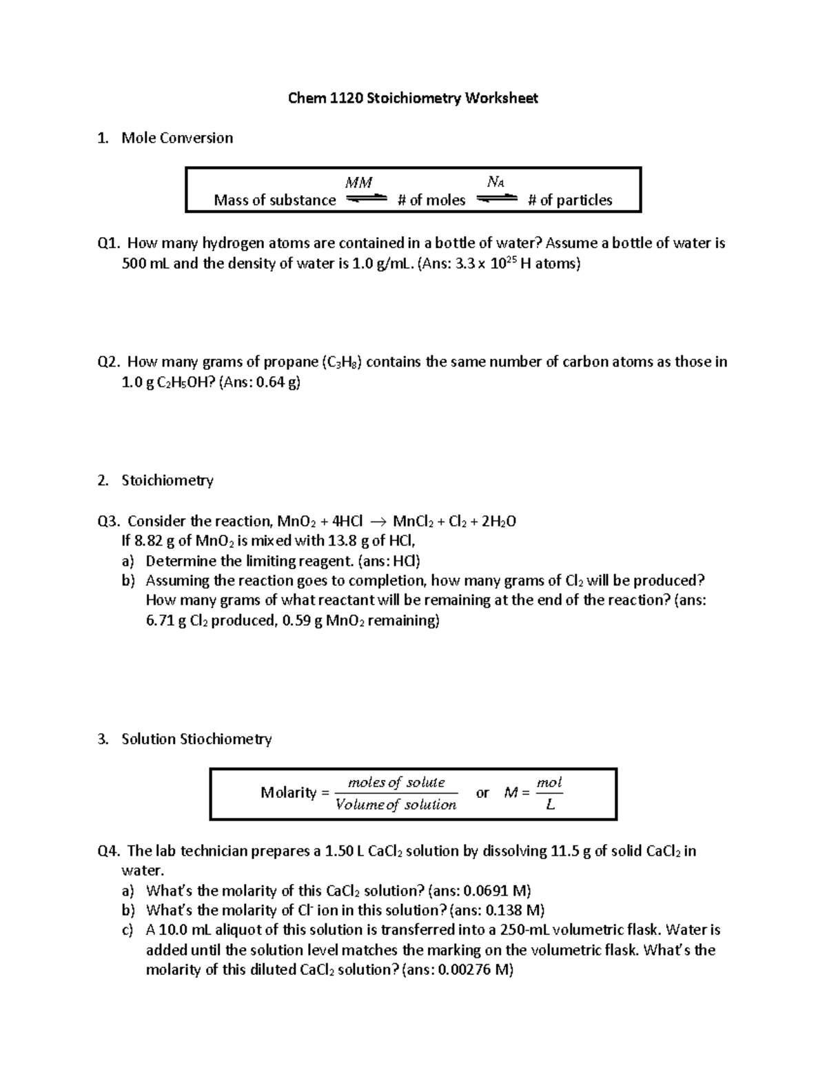 1120 Stoichiometry Worksheet - Chem 1120 Stoichiometry Worksheet Mole ...