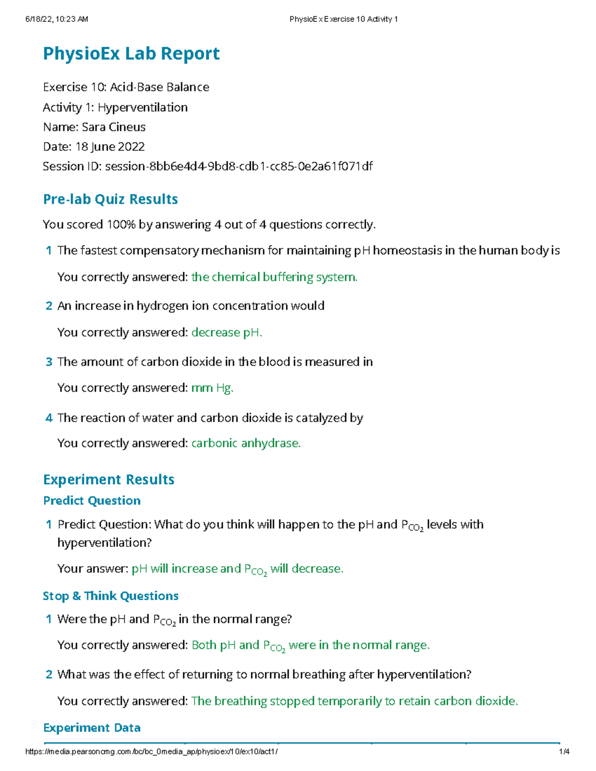 Lab 10 Acid Base Balance PhysioEx Lab Report Exercise 10 AcidBase