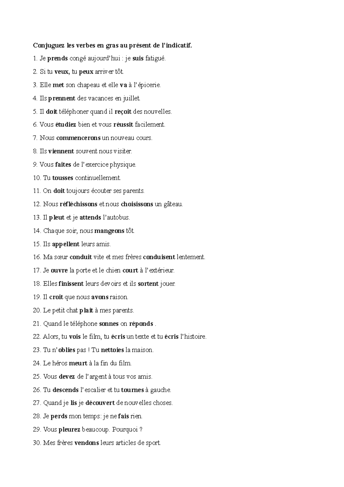 esercizi sui verbi in francese