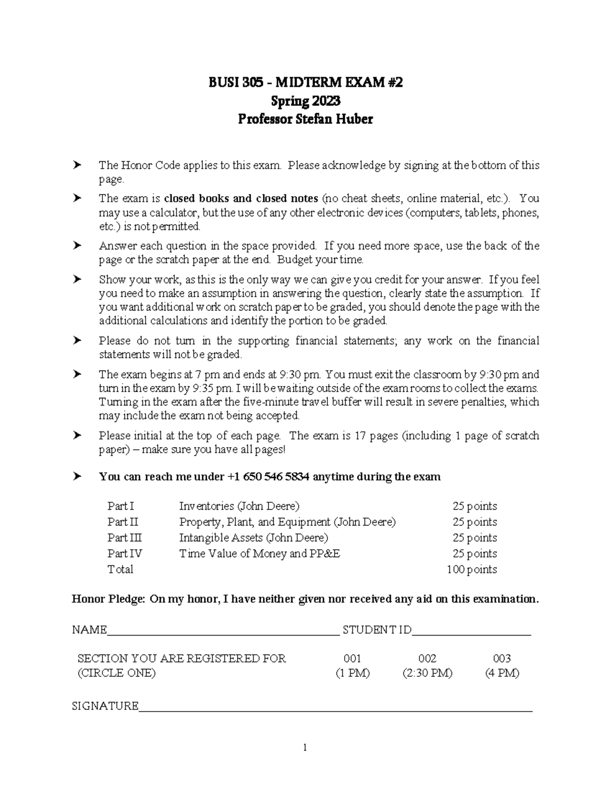 Solutions for practice exam #2 - BUSI 305 - MIDTERM EXAM # 2 Spring ...