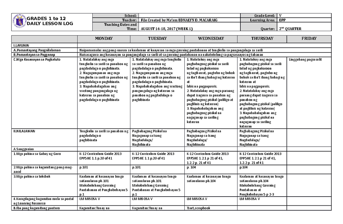 Dll Epp 5 Q2 W1 Daily Lesson Log Grades 1 To 12 Daily Lesson Log School Grade Level V 1709