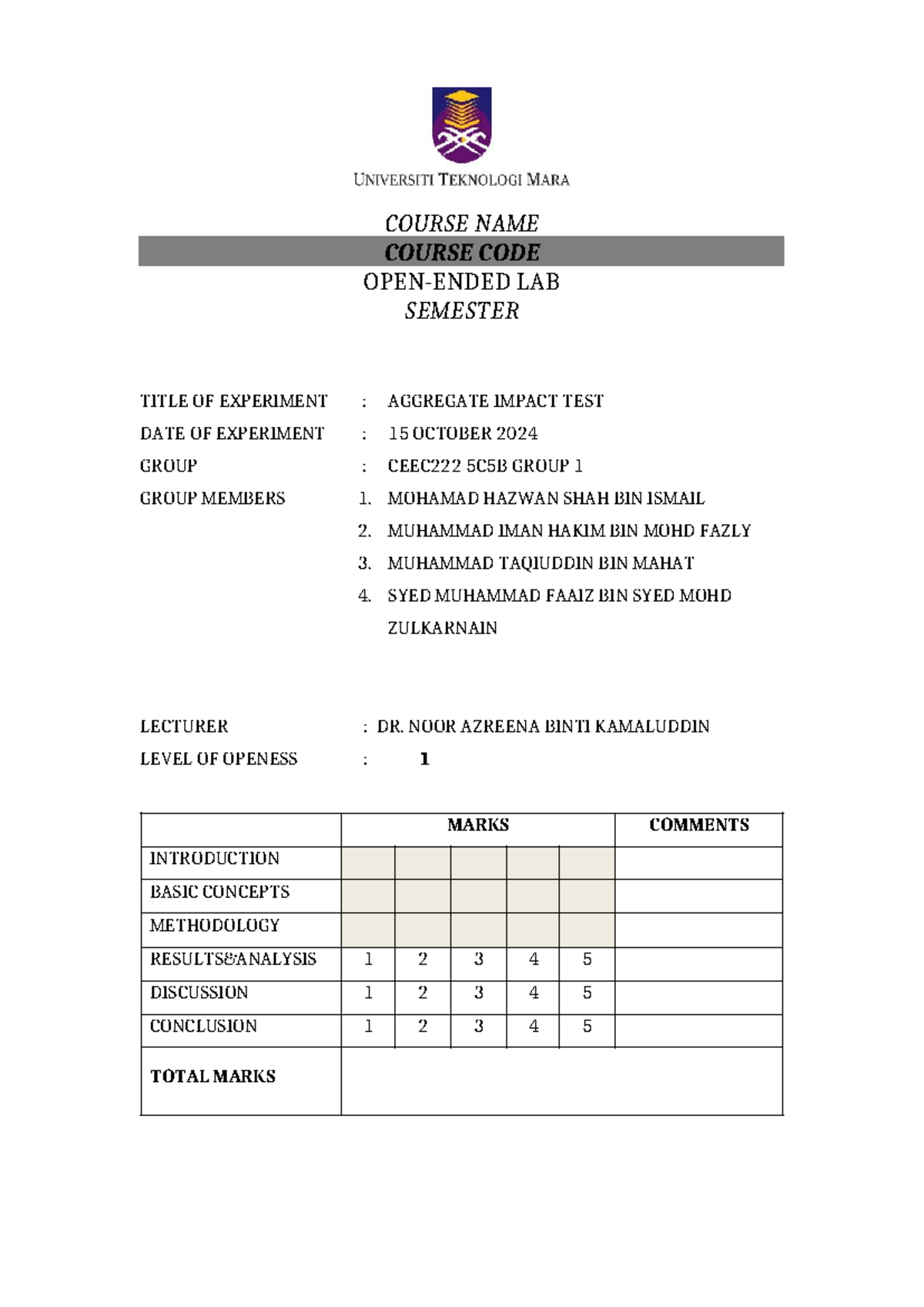 Aggregate Impact - COURSE NAME COURSE CODE OPEN-ENDED LAB SEMESTER ...