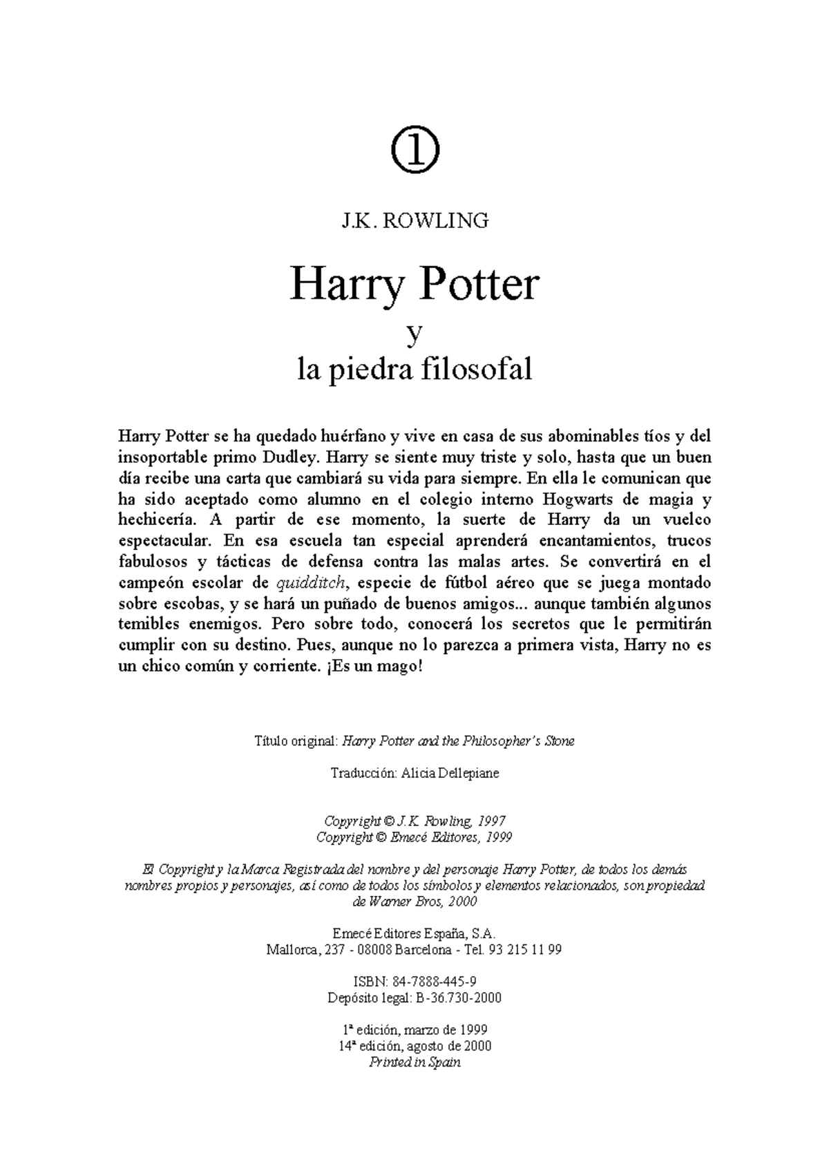 1. Harry Potter Y LA Piedra Filosofal - 1 J. ROWLING Harry Potter y la  piedra filosofal Harry Potter - Studocu