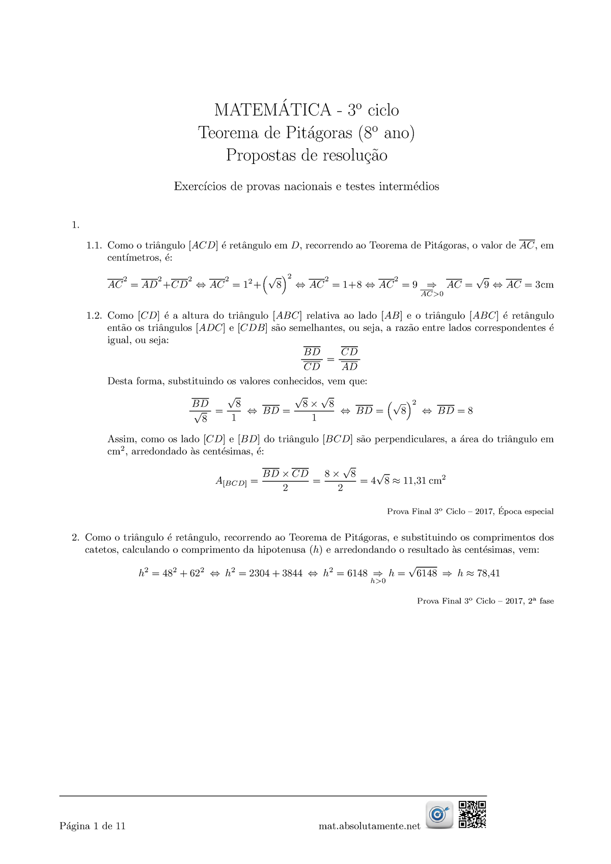 Pitagoras Resol - Mat 9 - MATEM ́ATICA - 3 O Ciclo Teorema De Pit ...