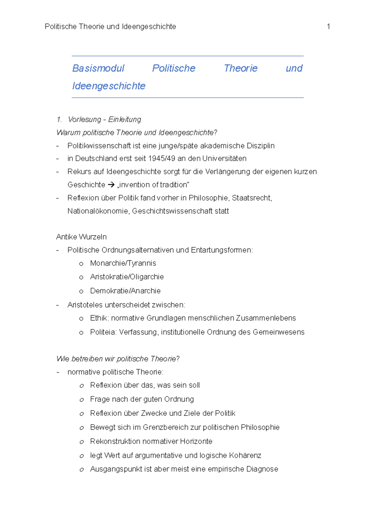 Basismodul Politische Theorie und Ideengeschichte Basismodul