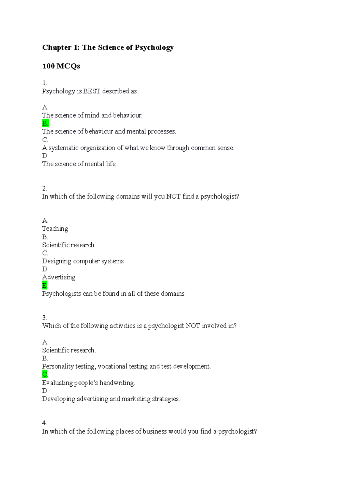 Mcq psych Chap q copy Chapter 1 The Science of Psychology 100 MCQs 1