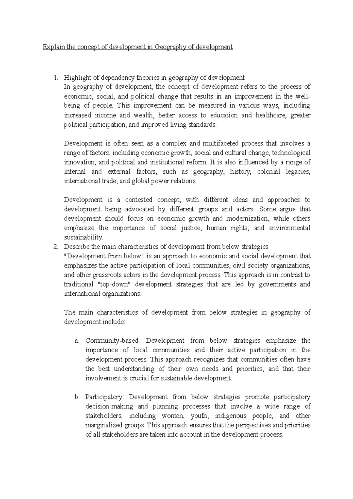 Explain the concept of development in Geography of development - This ...