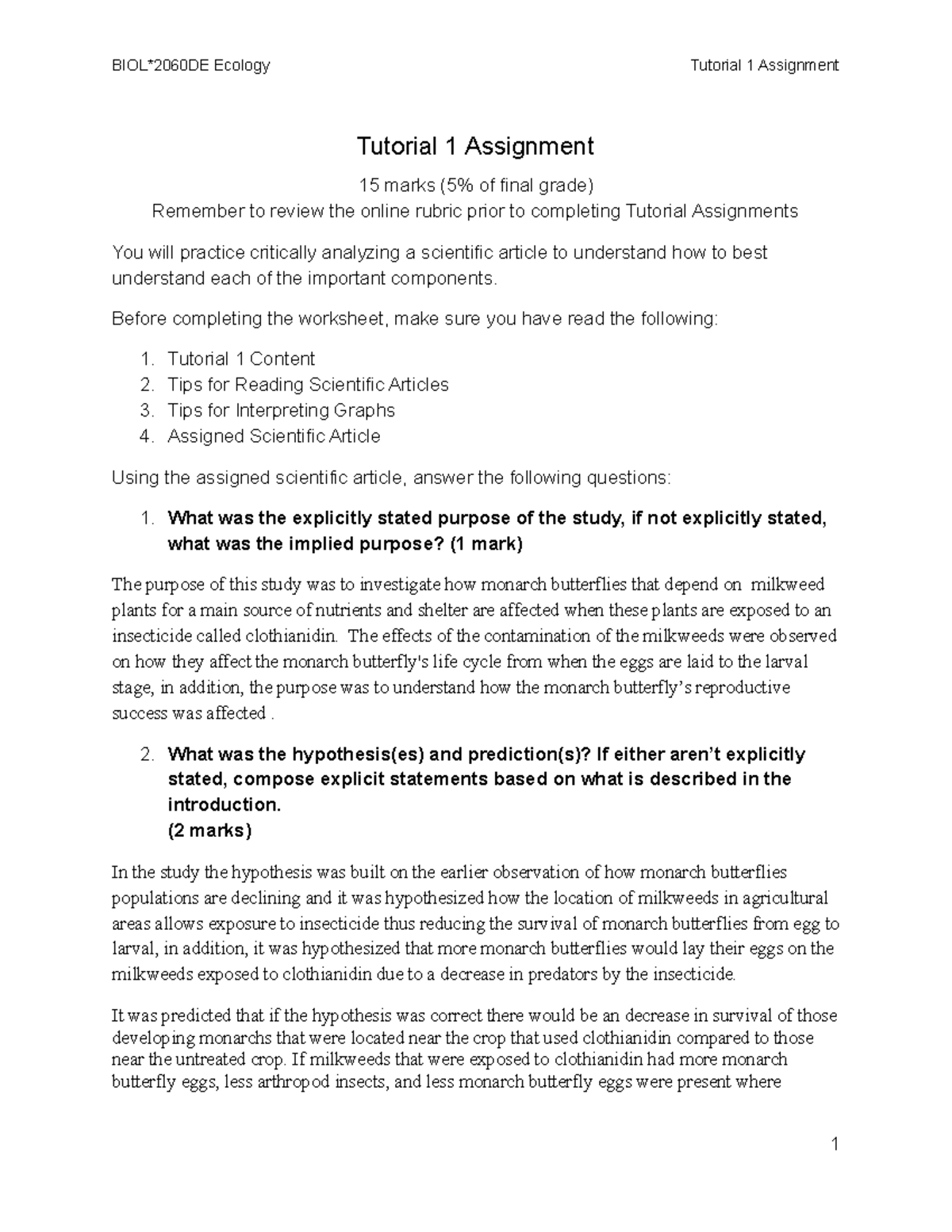 Tutorial 1 Assignment Grade 87% - BIOL 2060 - U of G - Studocu