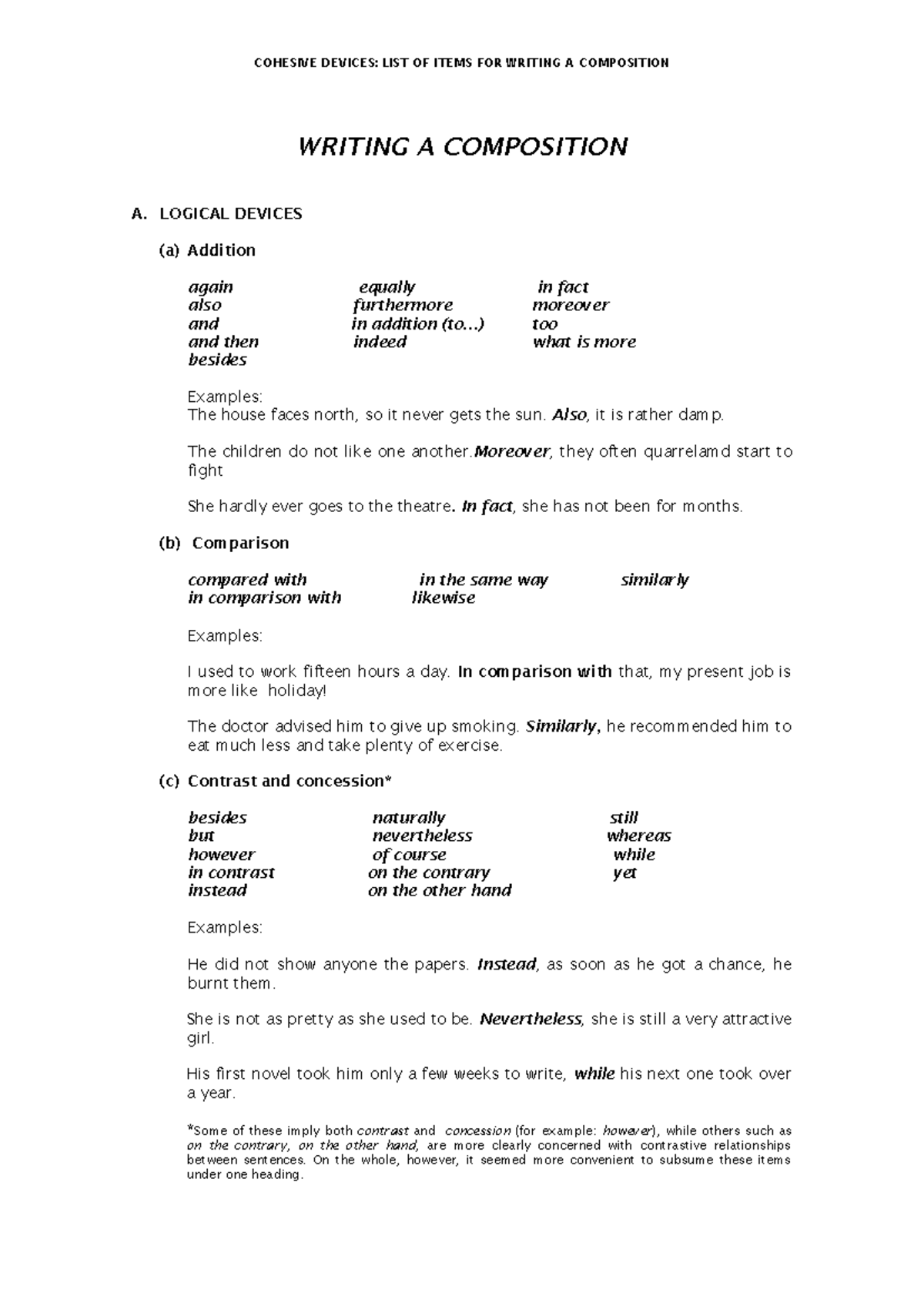 Cohesive devices list of items for writing a composition - WRITING A ...