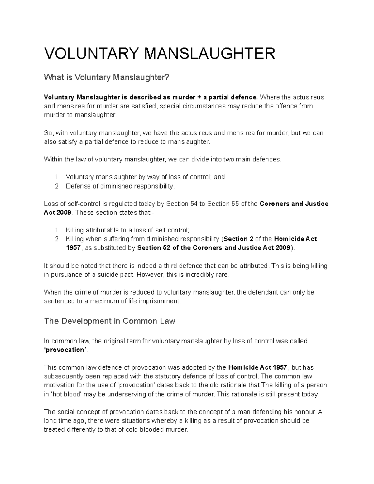 Voluntary Manslaughter - VOLUNTARY MANSLAUGHTER What is Voluntary ...