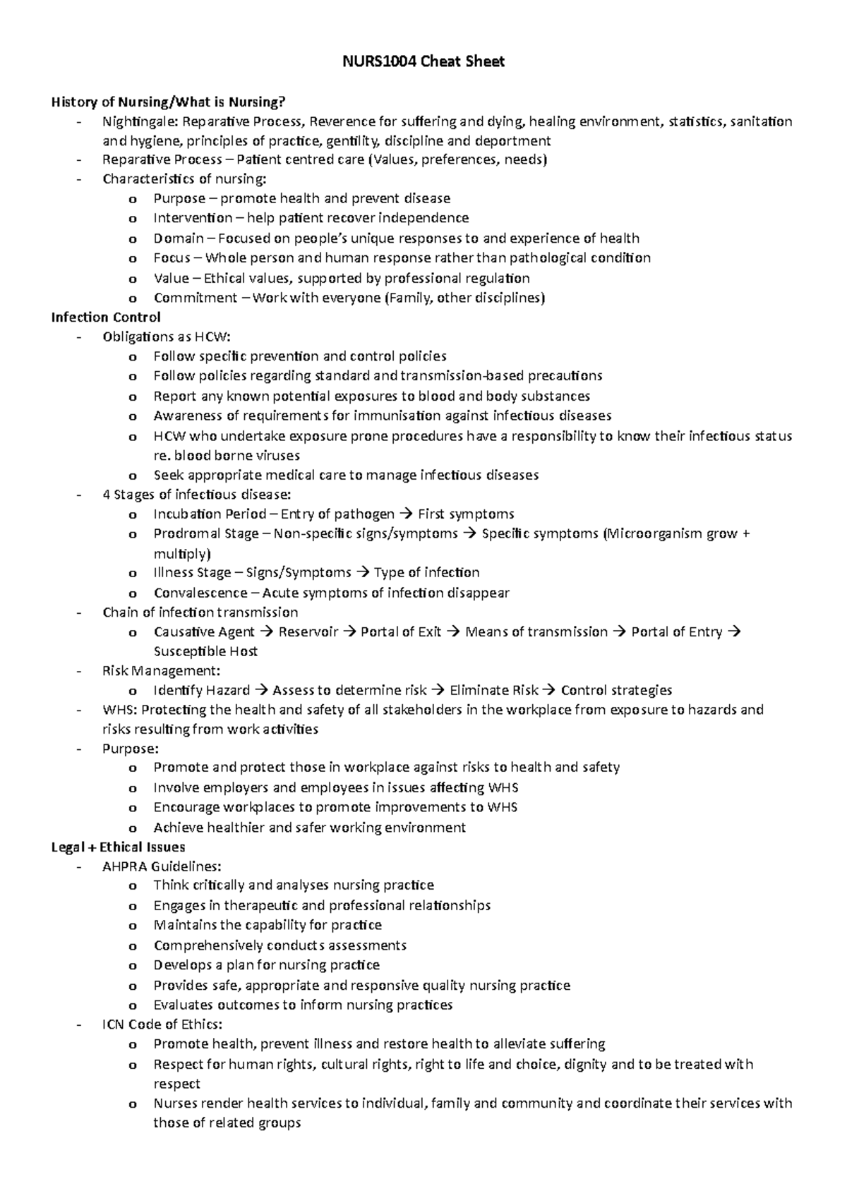 NURS1004 Cheat Sheet - NURS1004 Cheat Sheet History of Nursing/What is ...