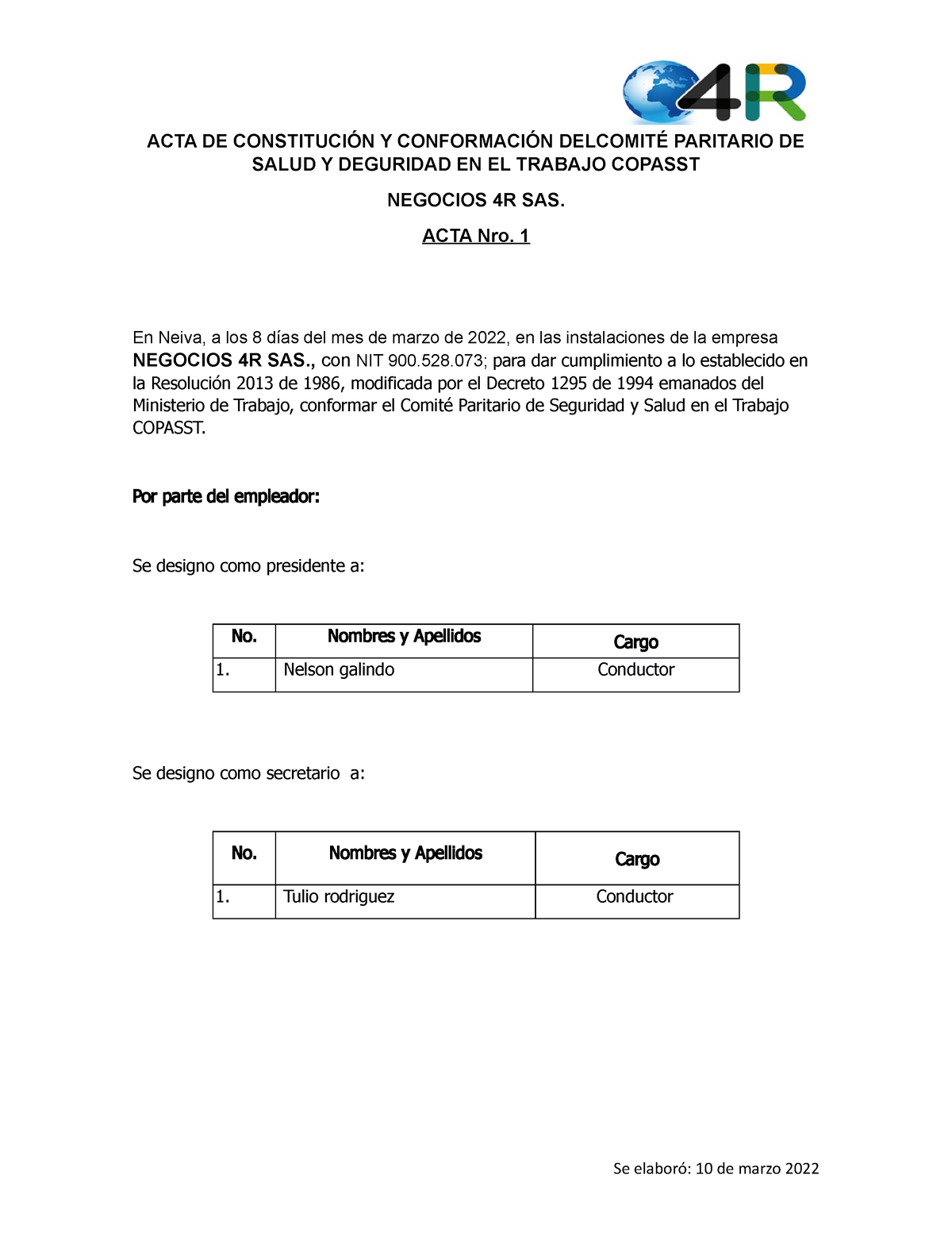 ACTA DE Conformación Copasst - ACTA DE CONSTITUCIÓN Y CONFORMACIÓN ...