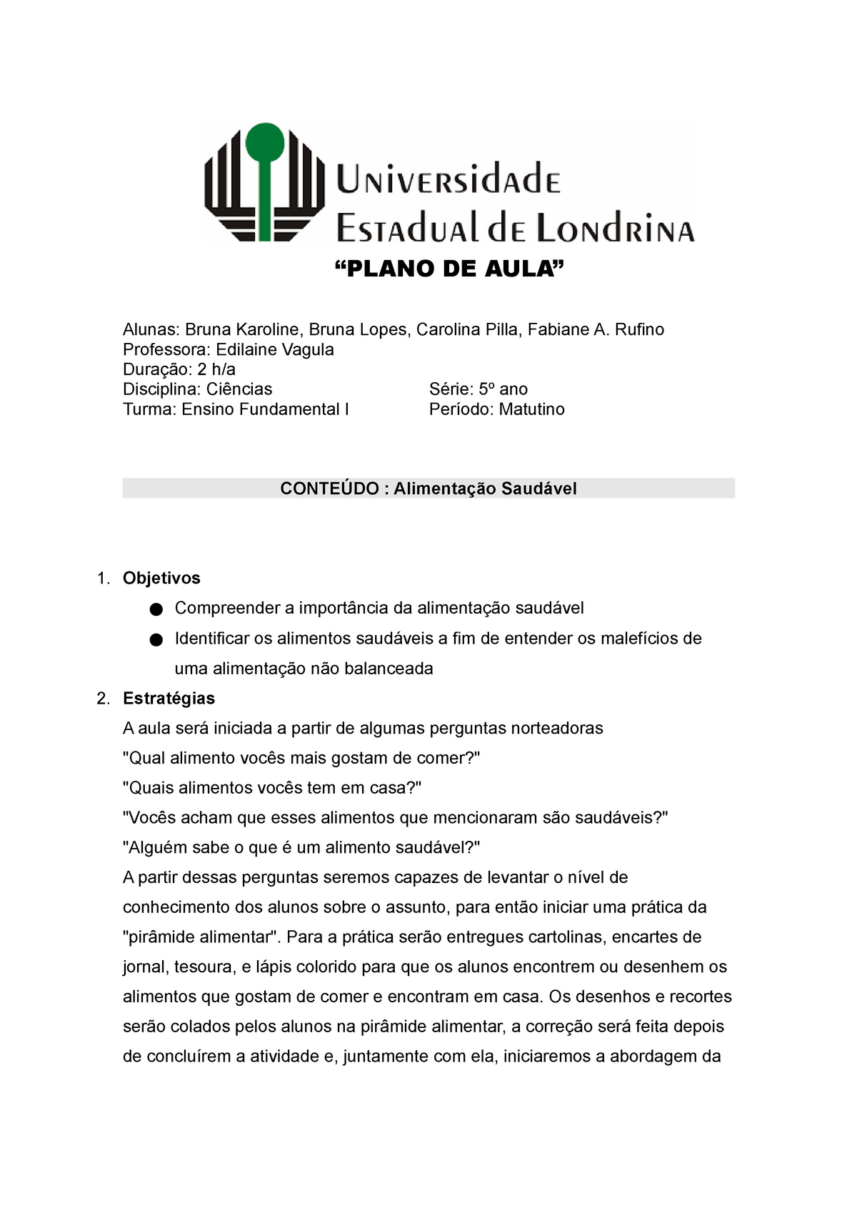 Plano de aula - 7o ano - Tipos de alimentos