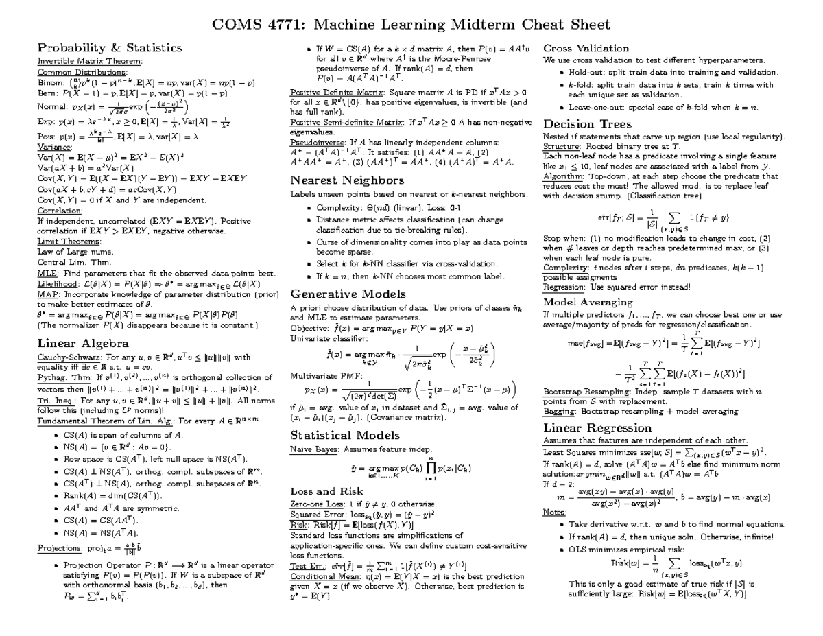 Midterm 1 Cheat Sheet - COMS 4771: Machine Learning Midterm Cheat Sheet ...