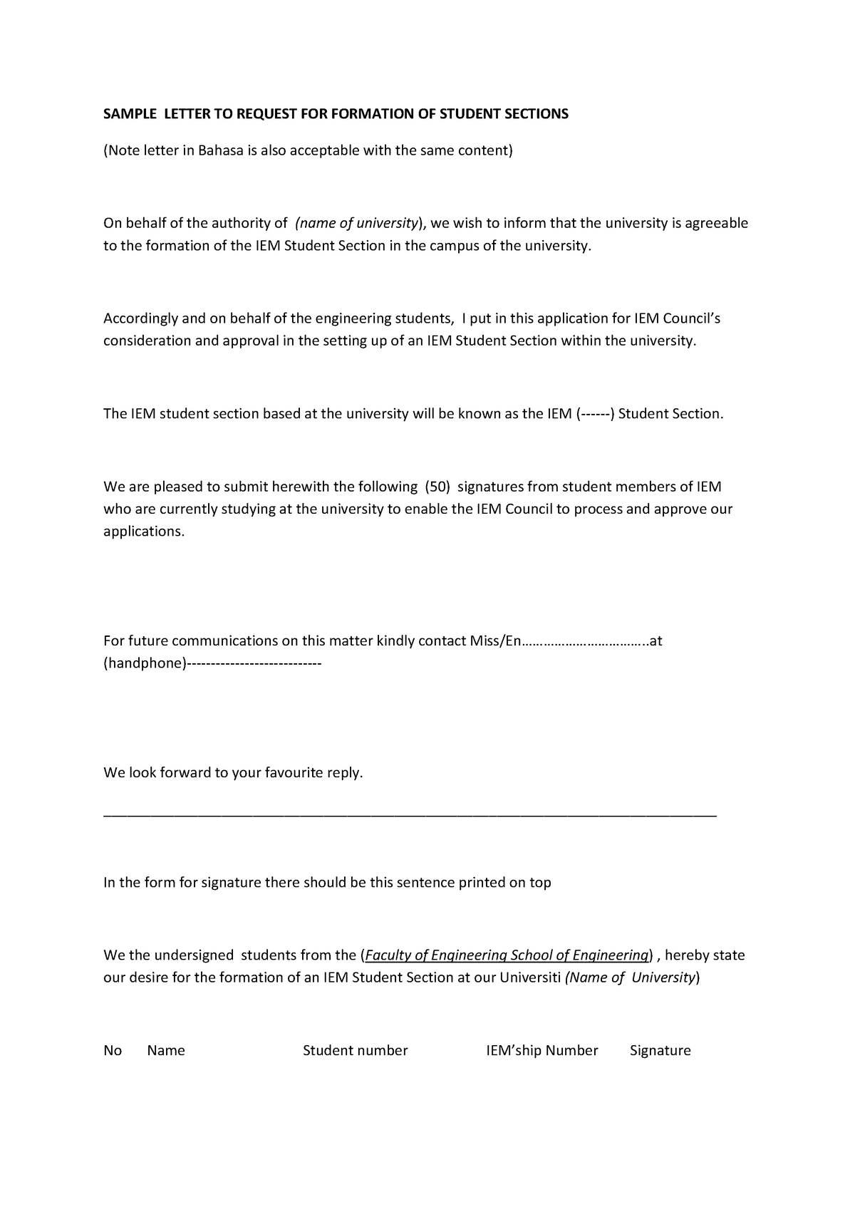 Sample Letter TO Request FOR Formation OF Student Sections - SAMPLE ...