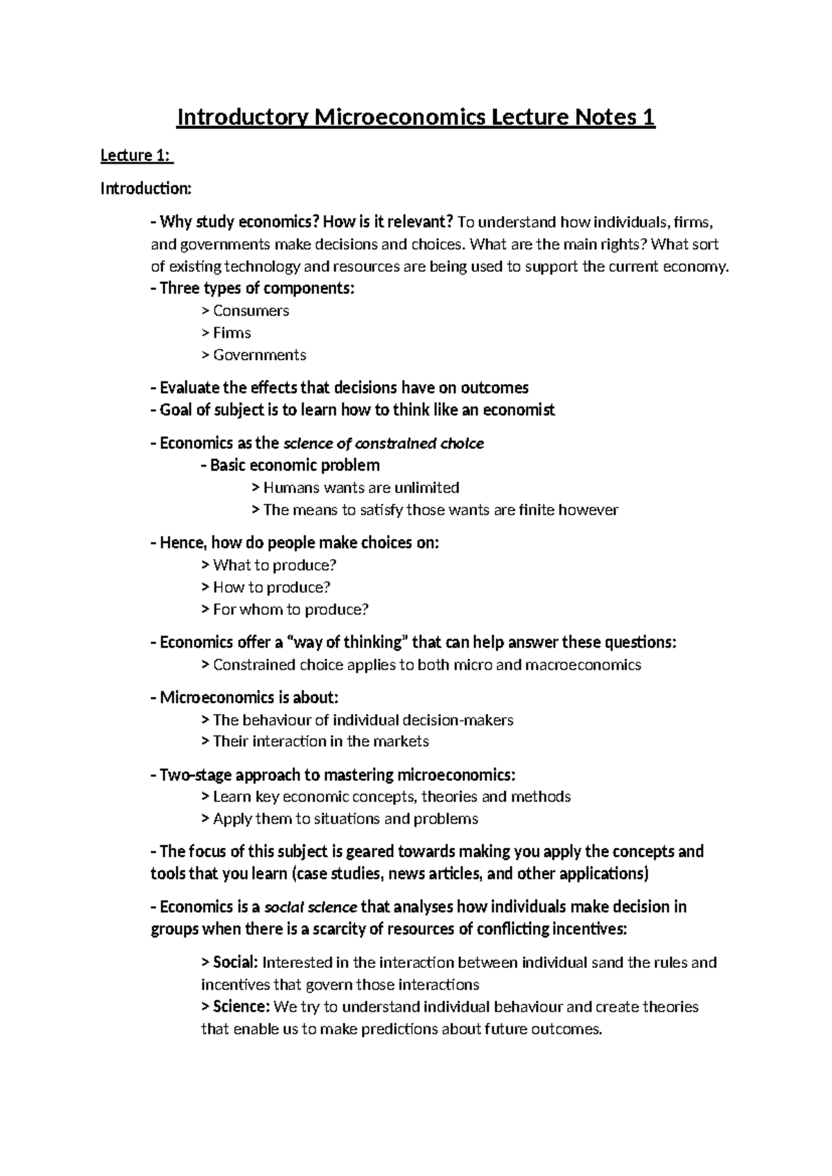Introductory Microeconomics Lecture 1 (Week 1) - Introductory ...