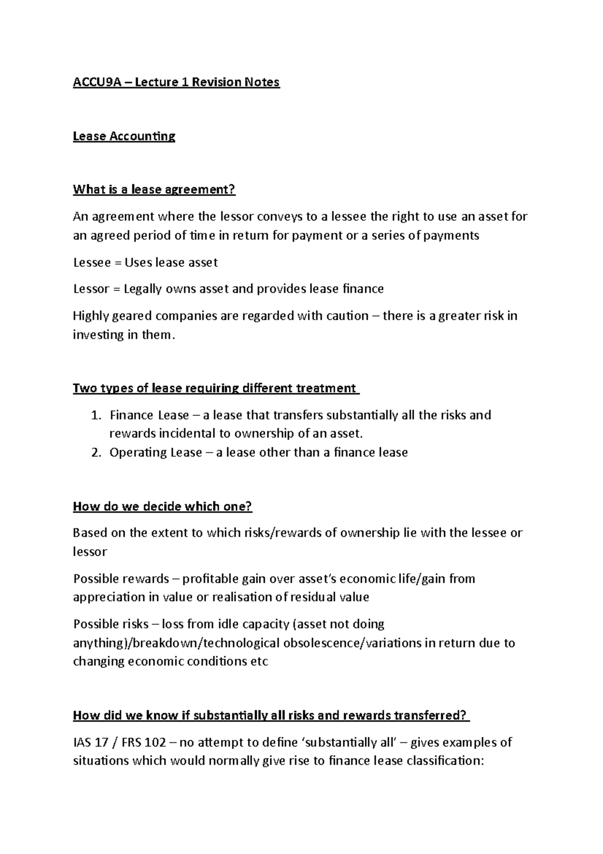 L1 Lease Accounting Lecture notes 1 ACCU9A Lecture 1 Revision