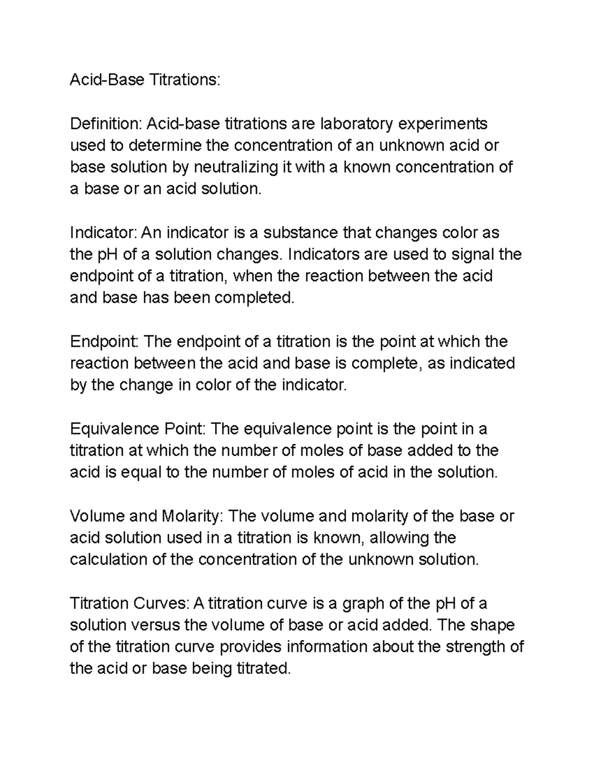 Chem 134L summaries AcidBase Titrations Definition Acidbase