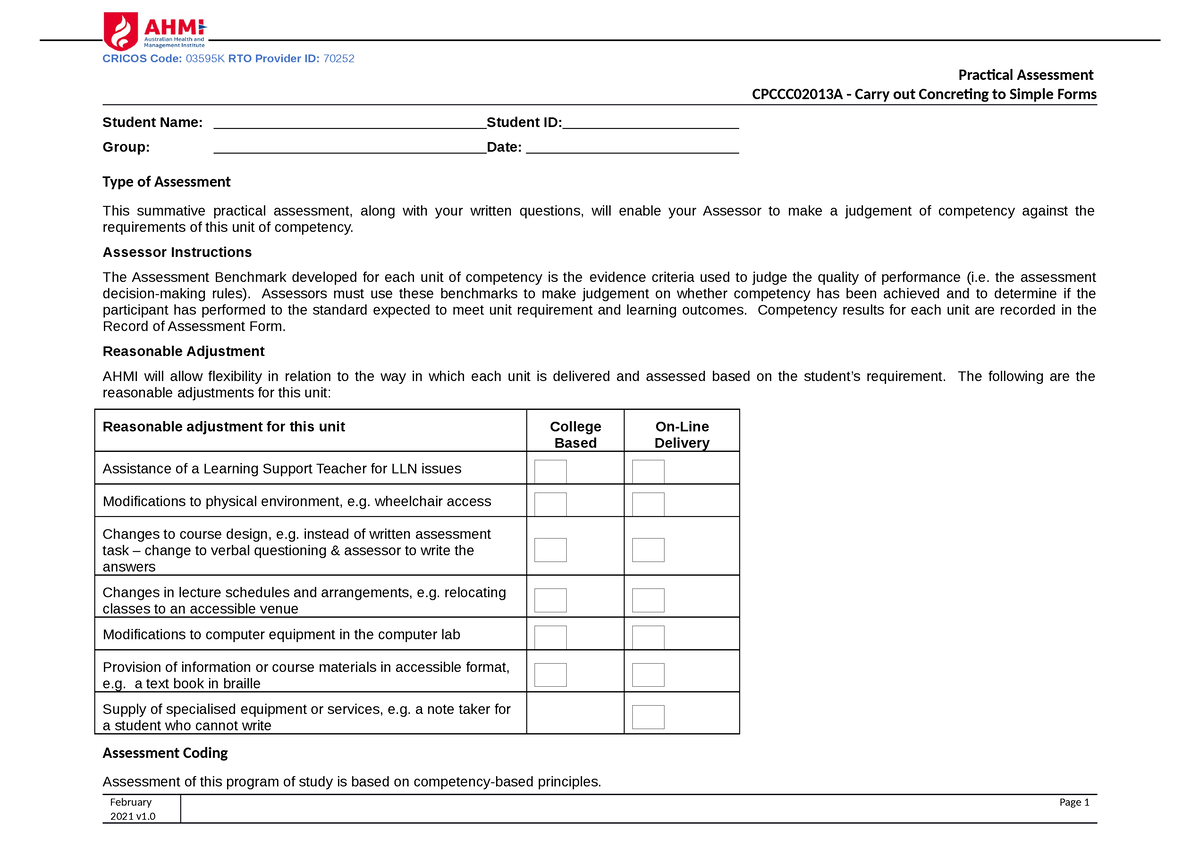 Cpccc 02013 A Carry Out Concreting To Simple Forms Practical Assessment Practical Assessment 