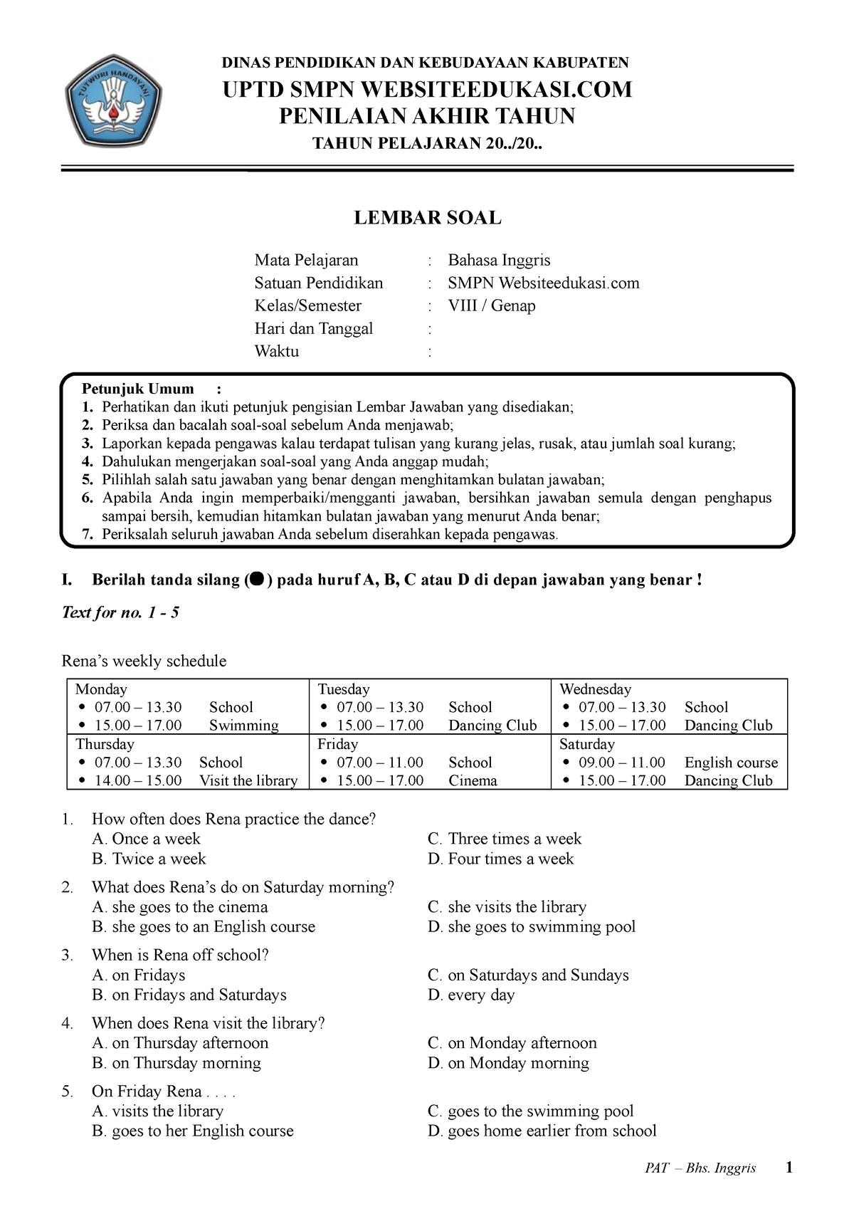 Soal PAT B.ING Kelas 8 K13 (Websiteedukasi - DINAS PENDIDIKAN DAN ...