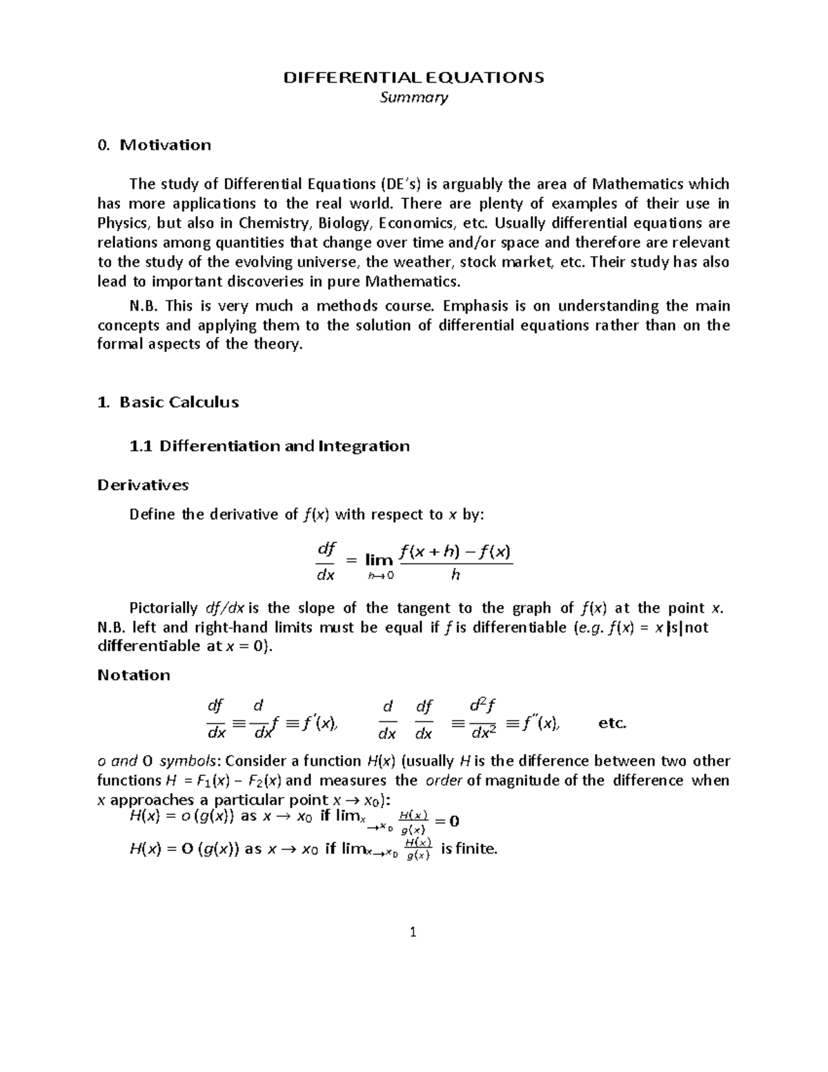 Differential Equations summary → DIFFERENTIAL EQUATIONS Summary