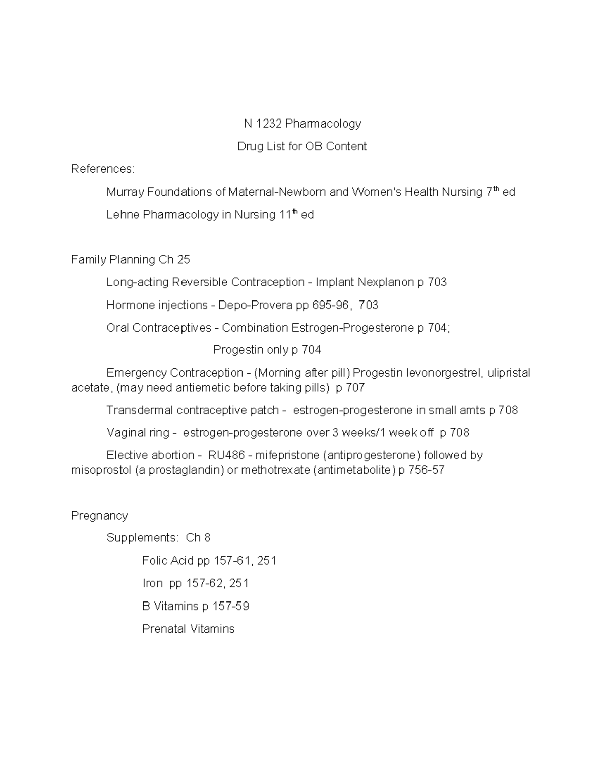 N1232 OB NB Meds from Murray text - N 1232 Pharmacology Drug List for ...