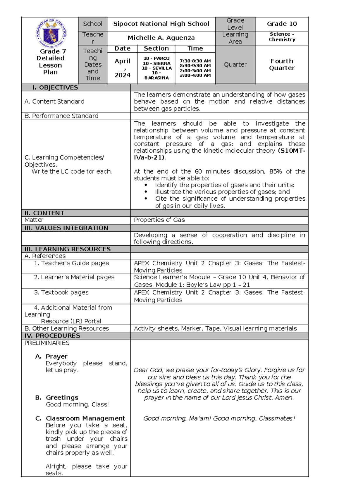 Properties OF Gases DLP - Grade 7 Detailed Lesson Plan School Sipocot ...