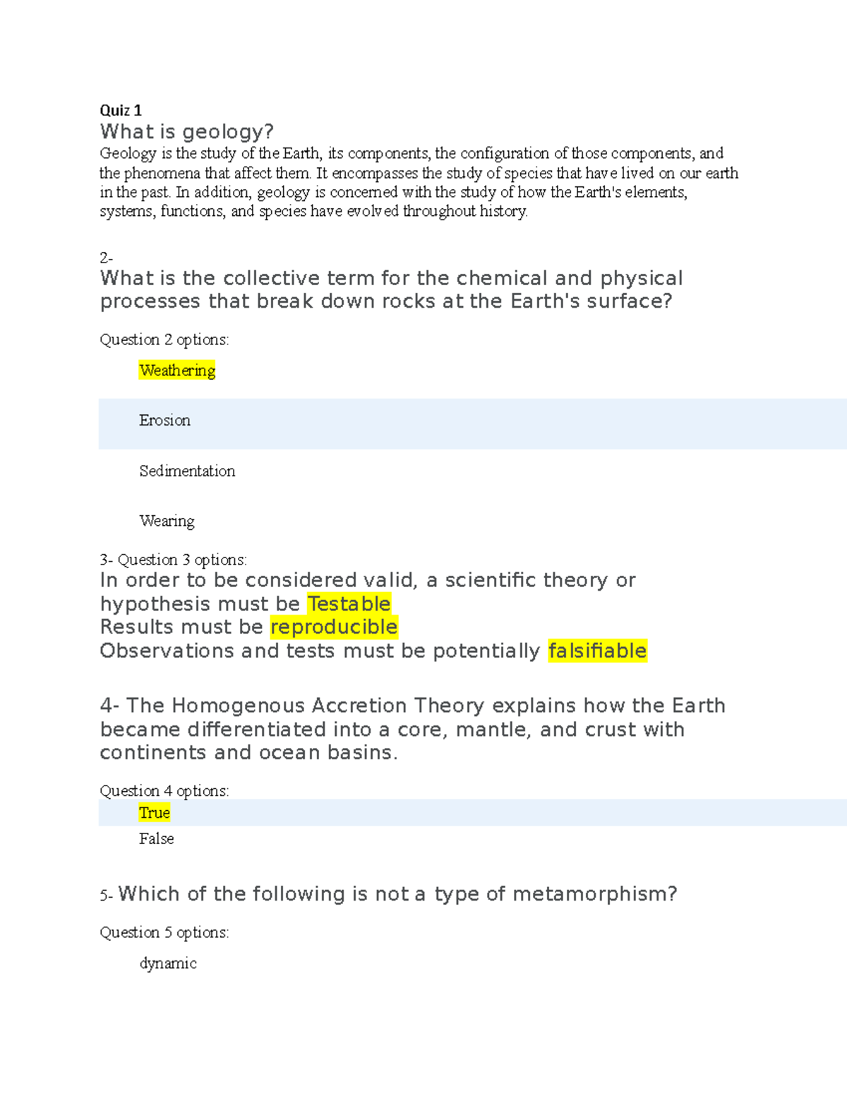 Quiz 1 - Assignment - Quiz 1 What Is Geology? Geology Is The Study Of ...