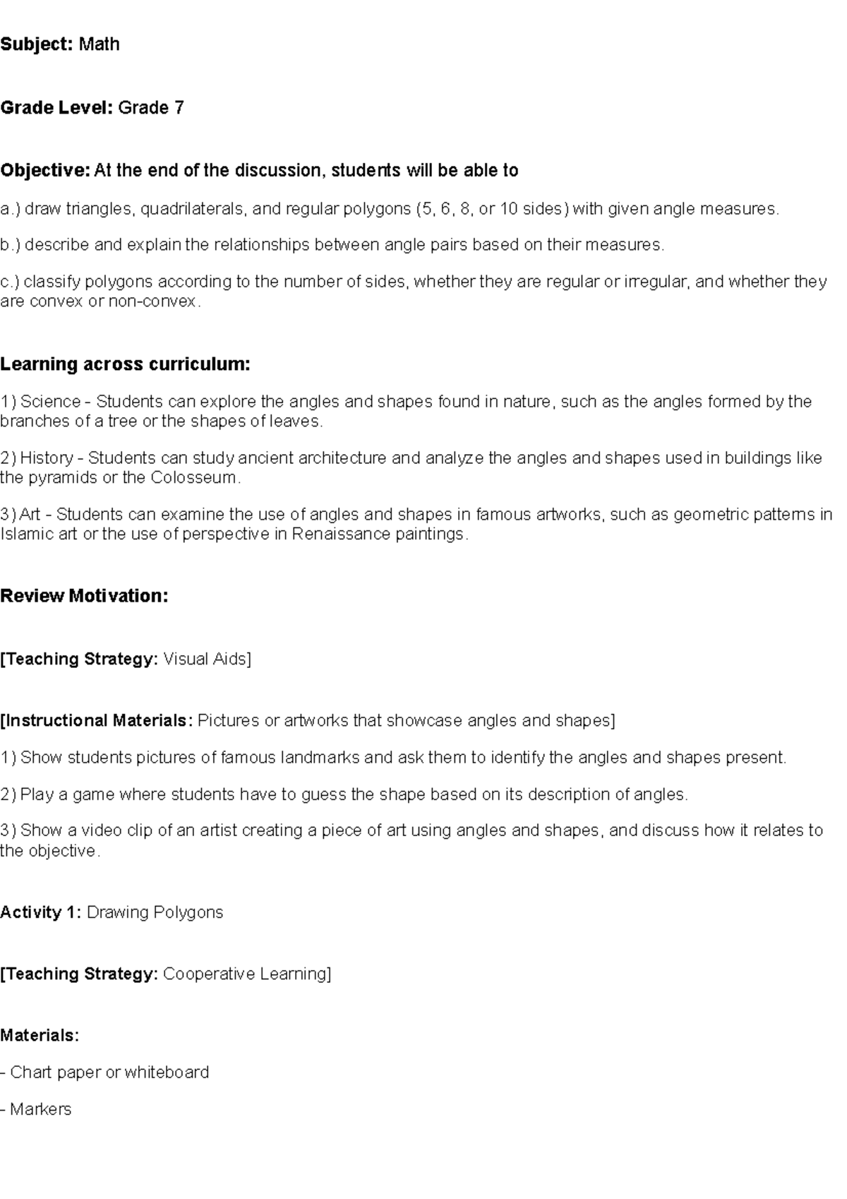 Lesson plan Subject Math Grade Level Grade 7 Objective At the end