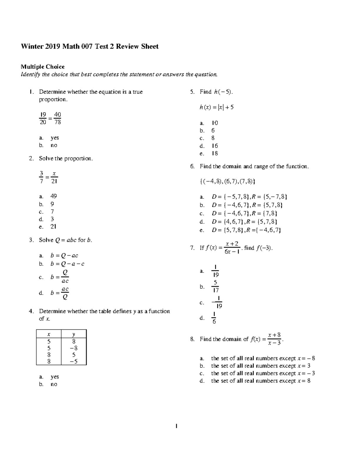 Exam View - 2019 03 math 007 review 2 - Winter 2019 Math 007 Test 2 