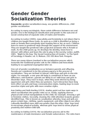 Gender Gender Socialization Theories - Gender Gender Socialization Theories  Keywords: gender - Studocu