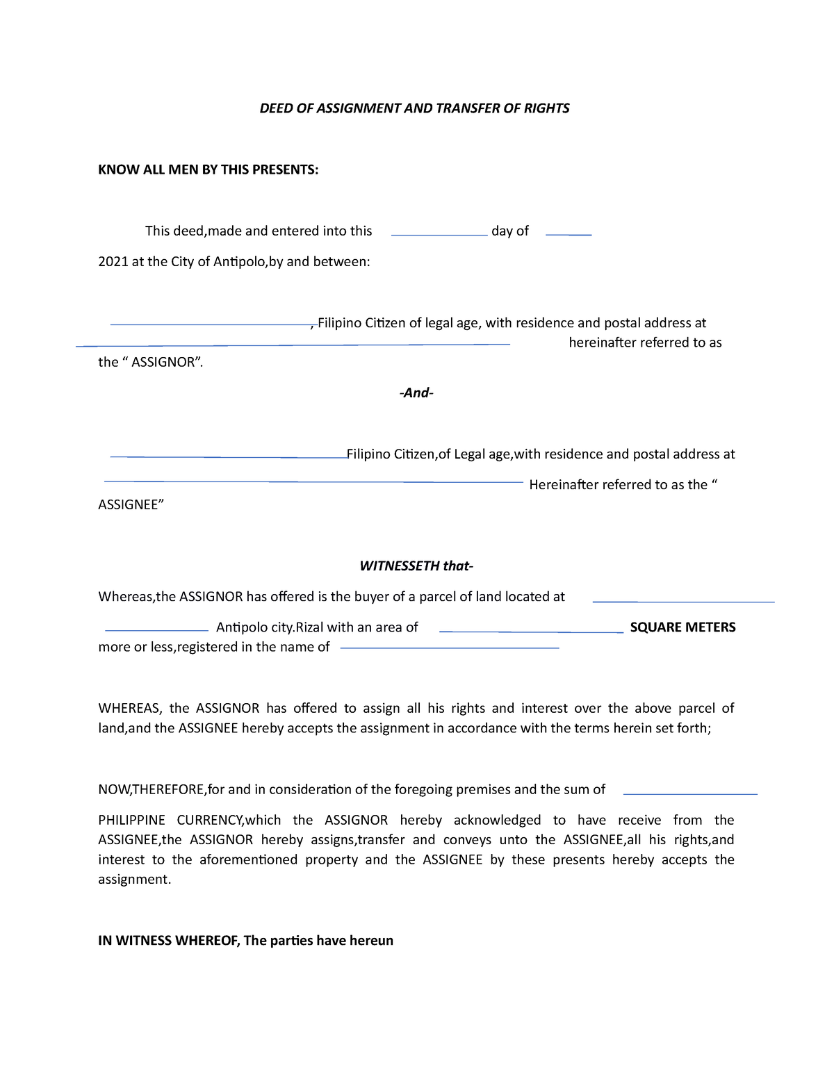 deed of assignment bond