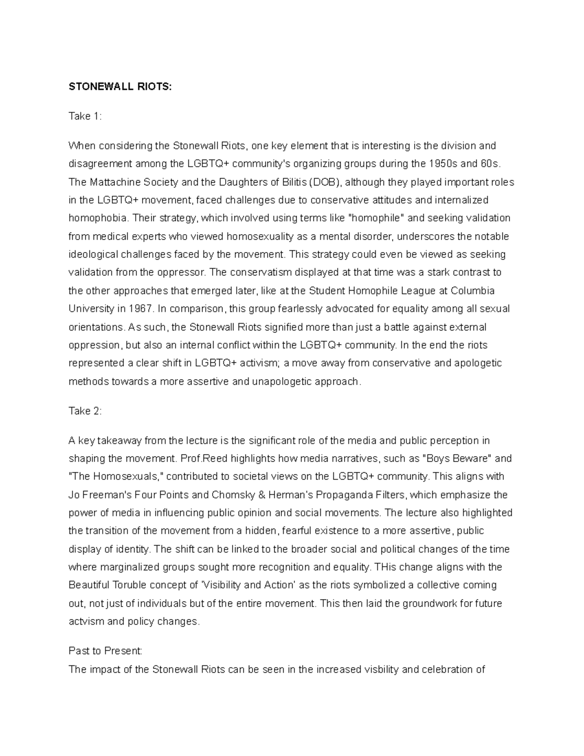 MIT 2152 Journal STONEWALL RIOTS Take 1 When considering the