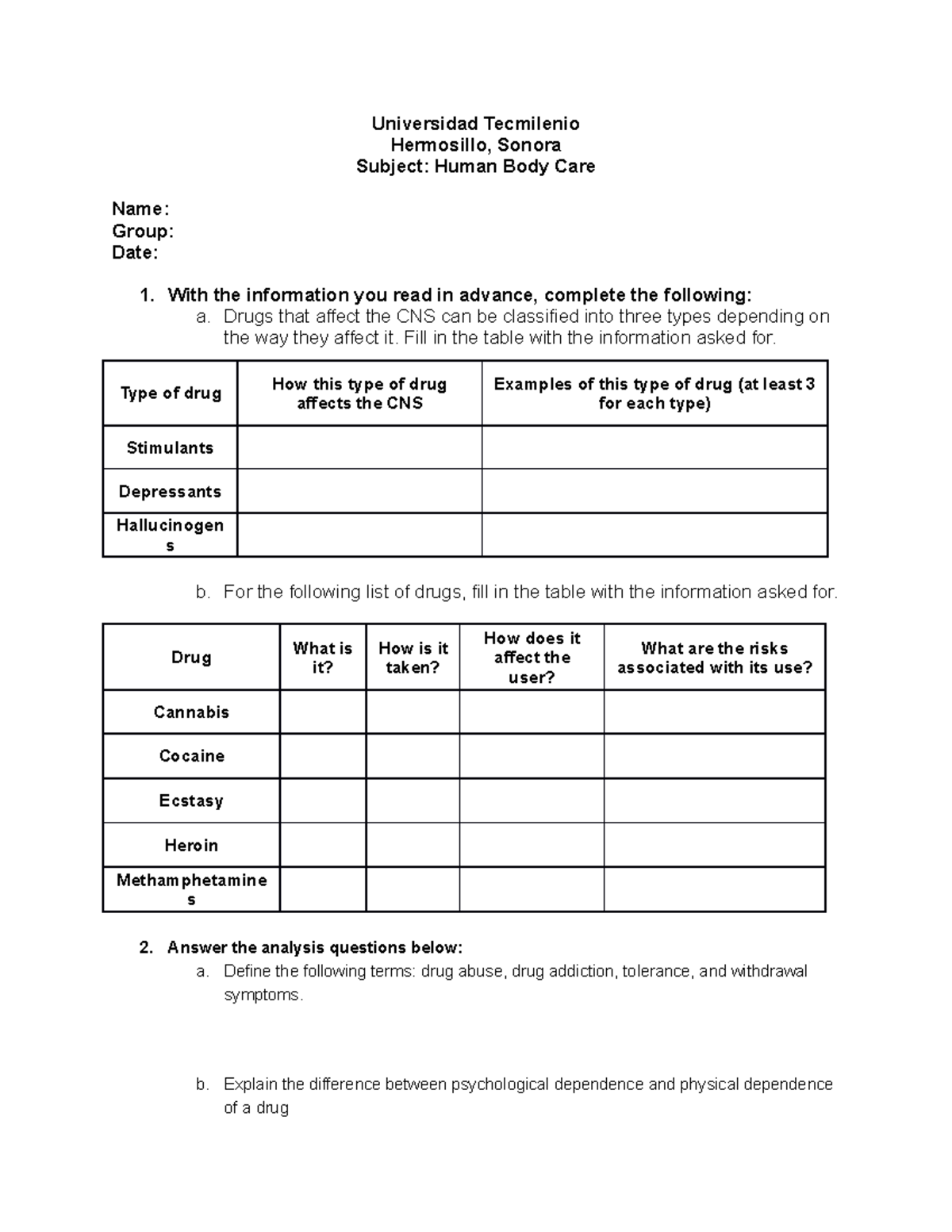 Activity 5. Drug Abuse and Addictions - Universidad Tecmilenio ...