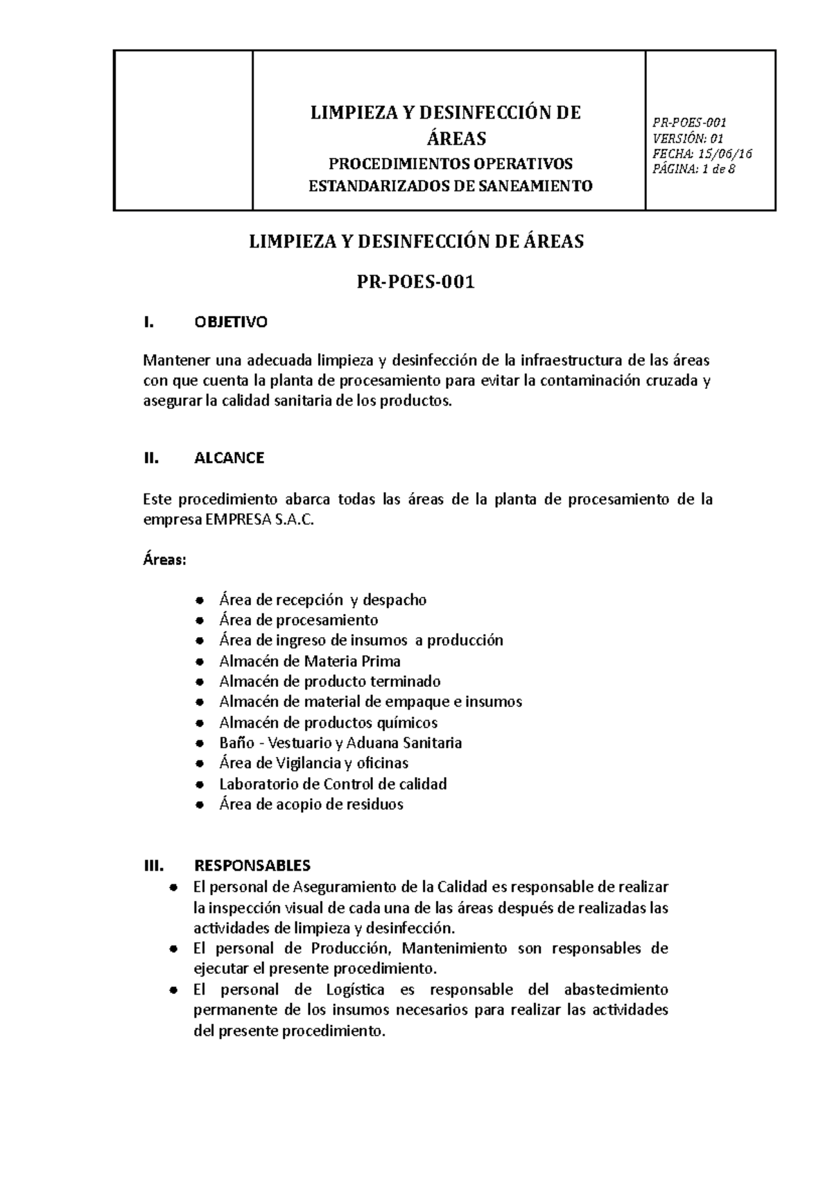 PR-POES-001 Limpieza Y Desinfección DE Areas - ÁREAS PROCEDIMIENTOS ...