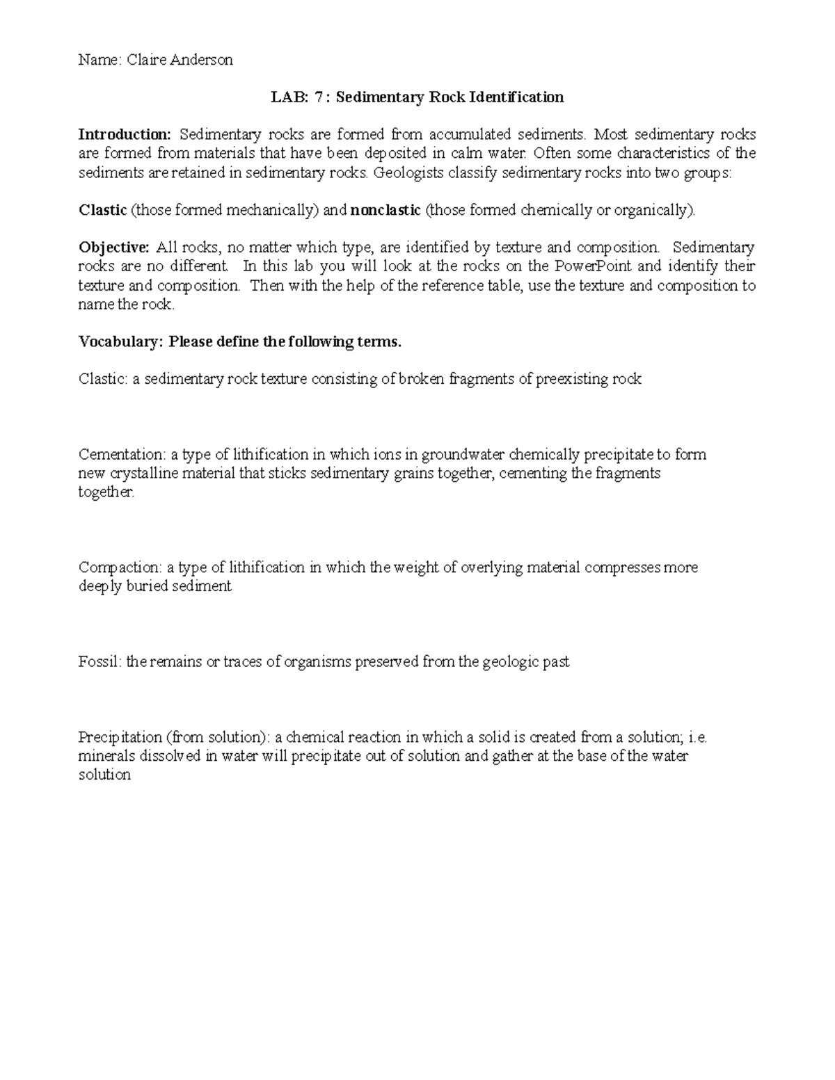 Sedimentary Rock Lab online - Name: Claire Anderson LAB: 7 ...