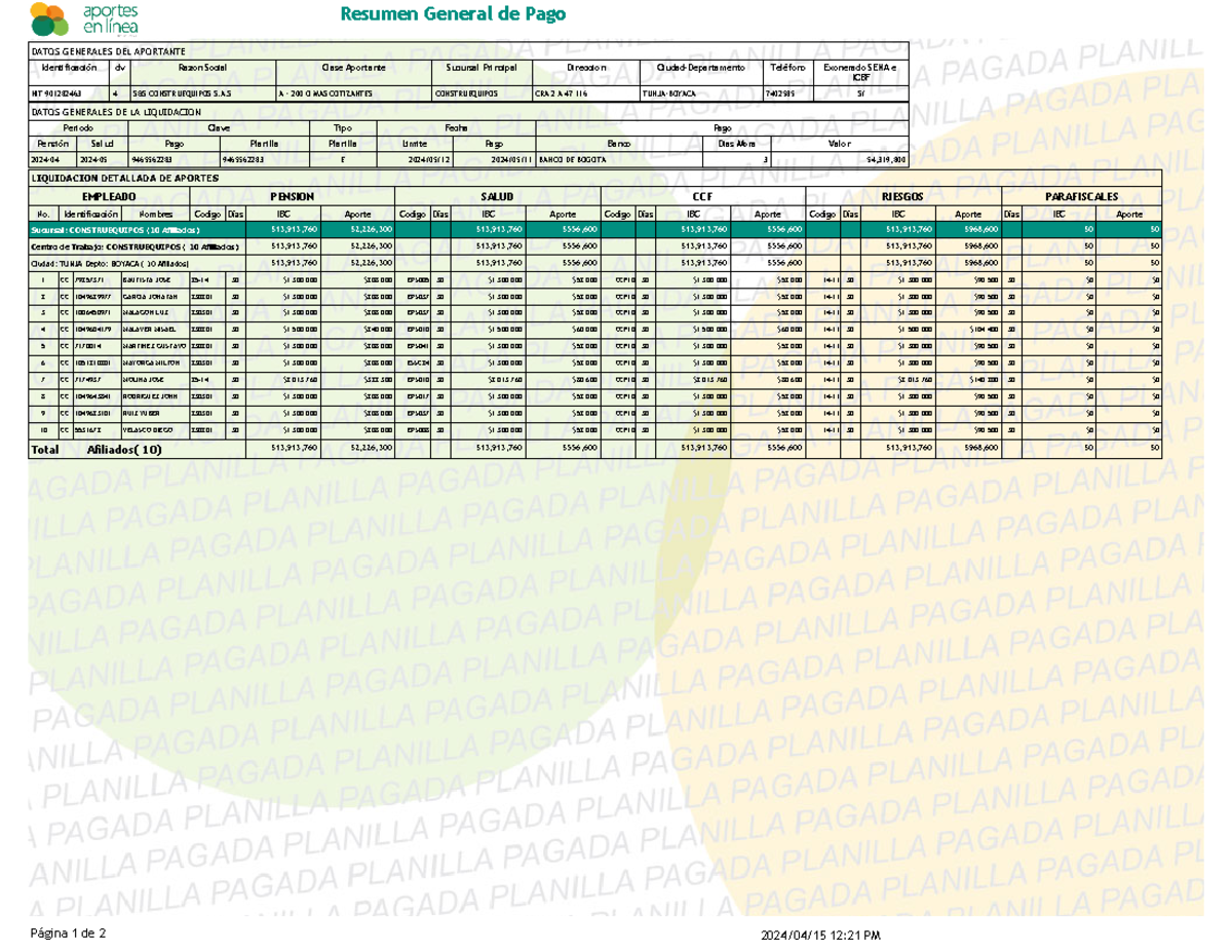 Planilla Operador Vibro Liquidacion Detallada De Aportes Empleado Pension Salud Ccf Riesgos 0281