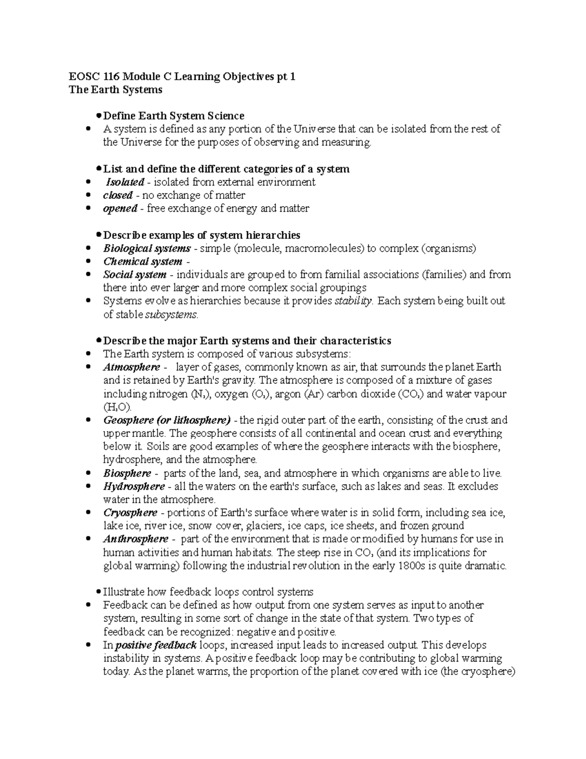 Notes - EOSC 116 Module C Learning Objectives pt 1 The Earth Systems ...