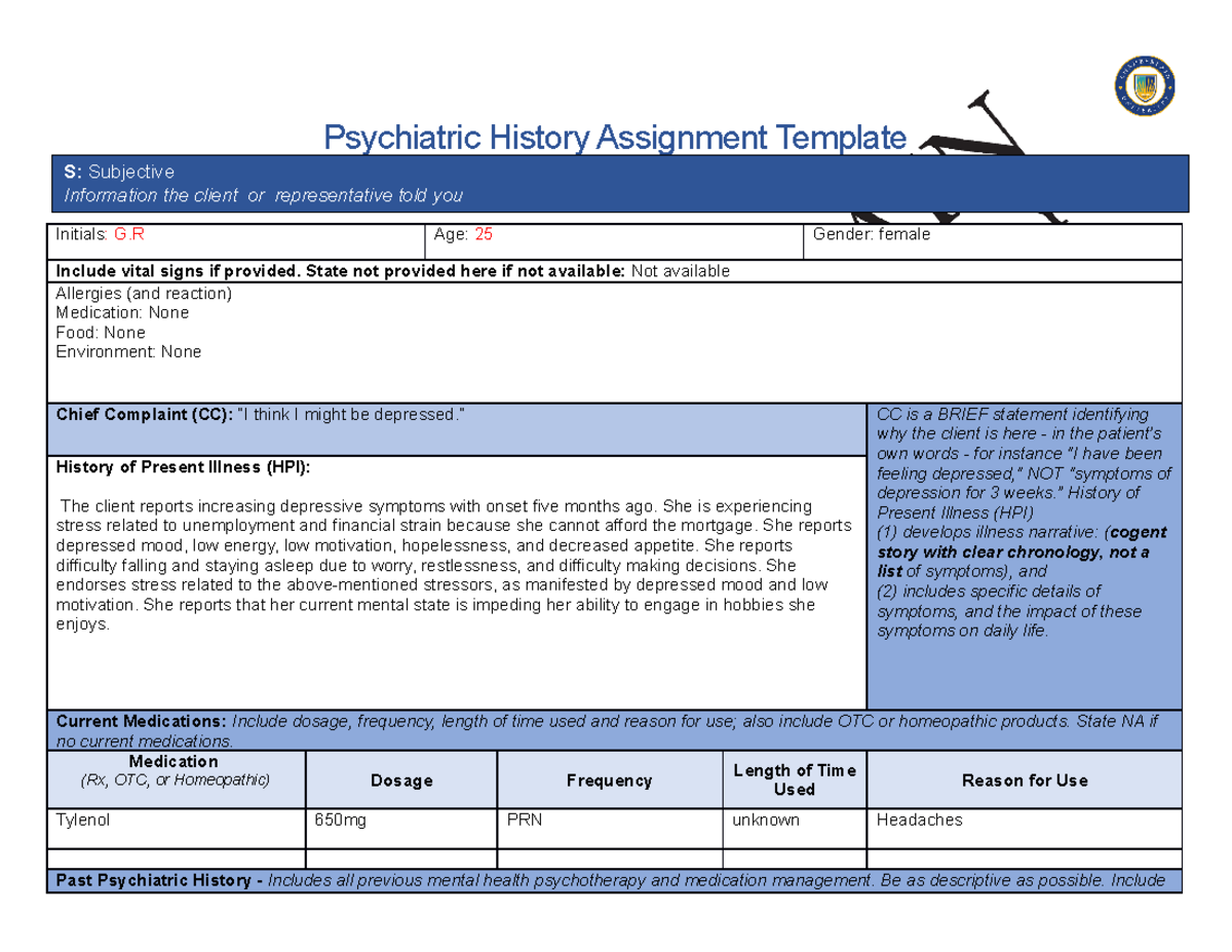 Psychiatric History Assignment Template Studocu