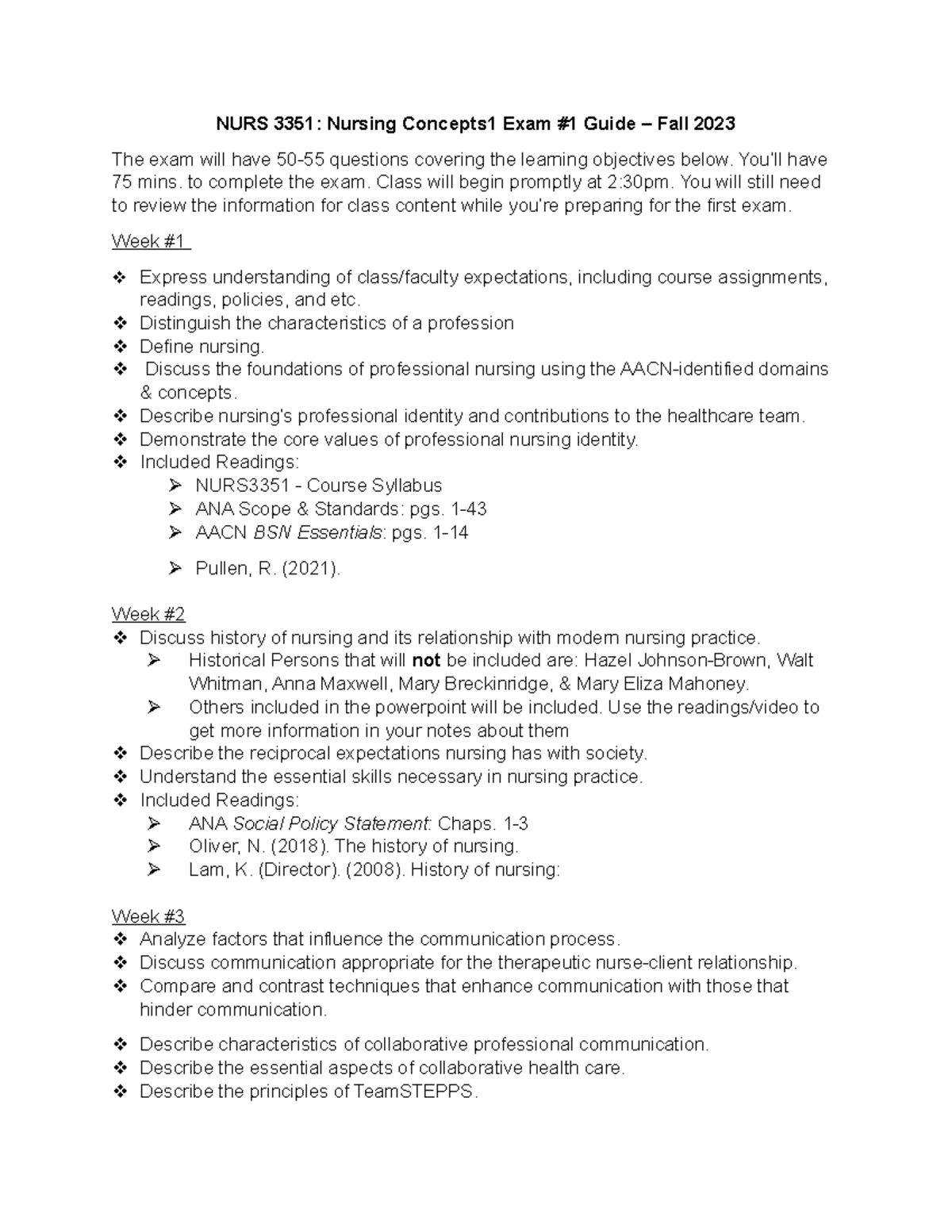 Exam #1 Guide Fa2023 - NURS 3351: Nursing Concepts1 Exam #1 Guide ...