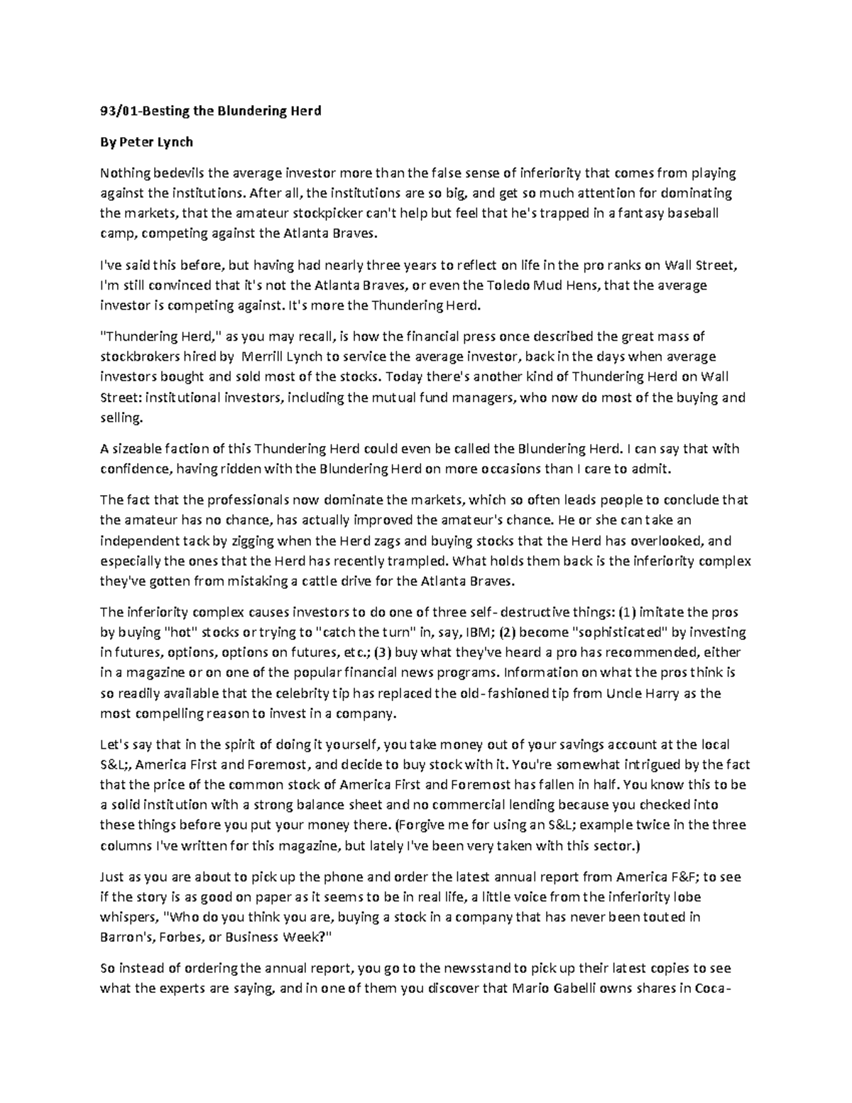 Peter Lynch Worth Magazine Articles 93/01Besting the Blundering Herd