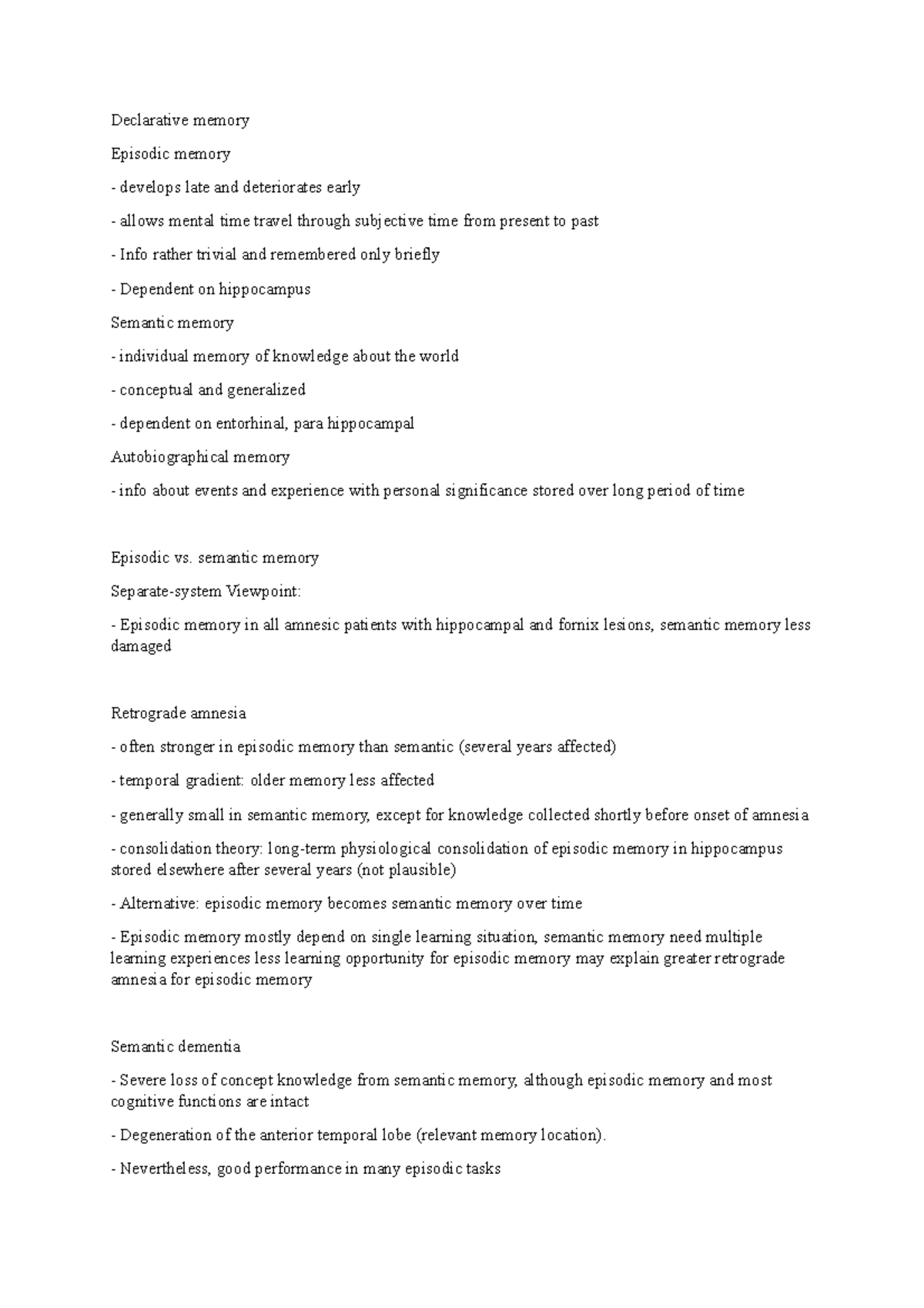 Declarative memory - Lecture notes 4 - PHIL 496F - UArizona - Studocu