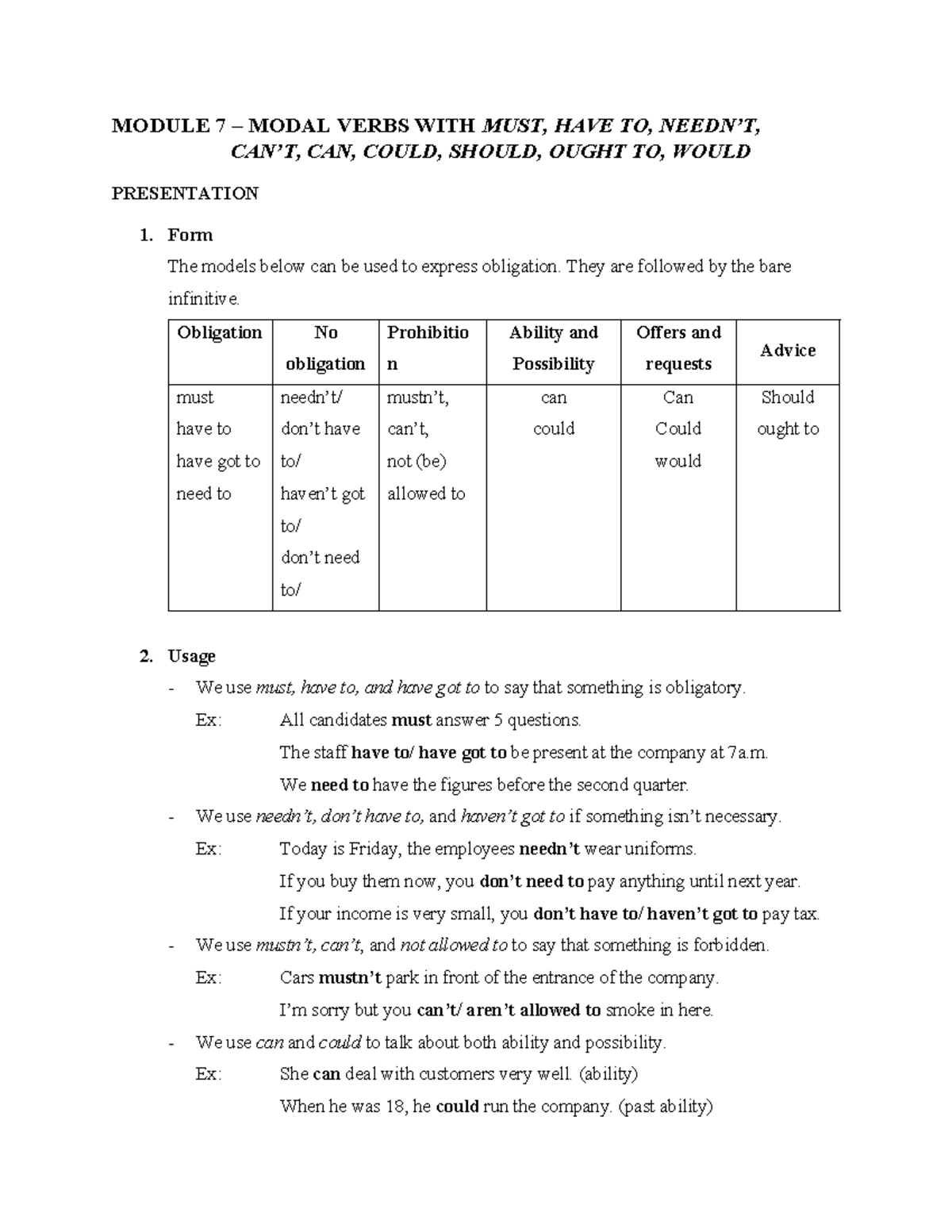 Modal Verbs - en23 - MODULE 7 – MODAL VERBS WITH MUST, HAVE TO, NEEDN’T ...