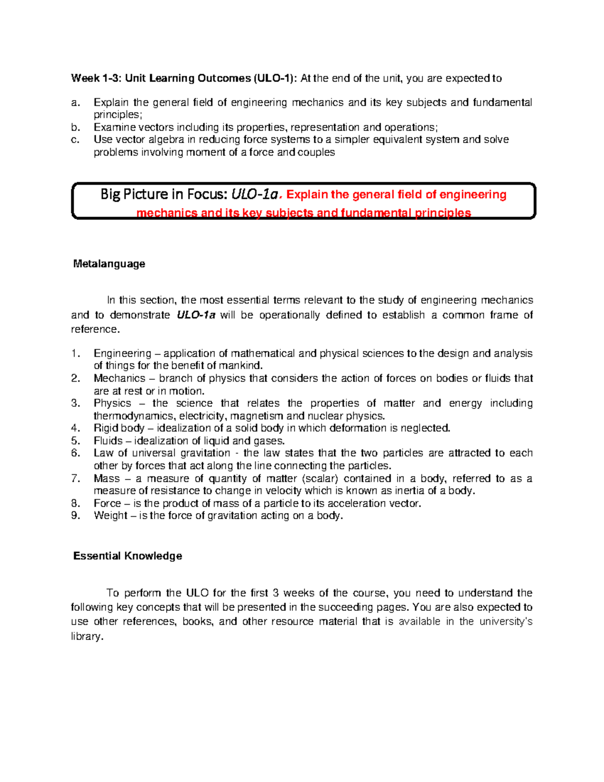 Statics of Rigid Bodies ULO 1a - Week 1-3: Unit Learning Outcomes (ULO ...