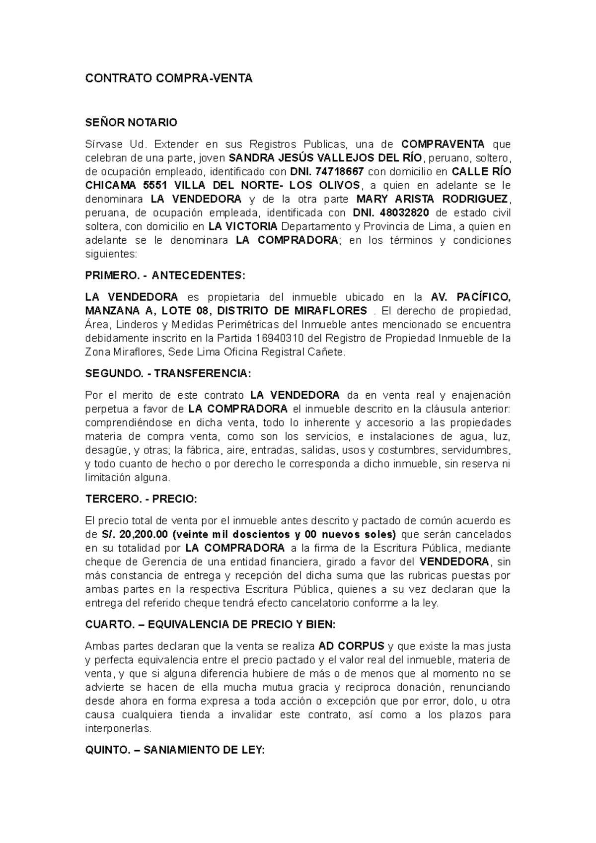 Contrato Compra Venta Inmueble Contrato Compra Venta SeÑor Notario