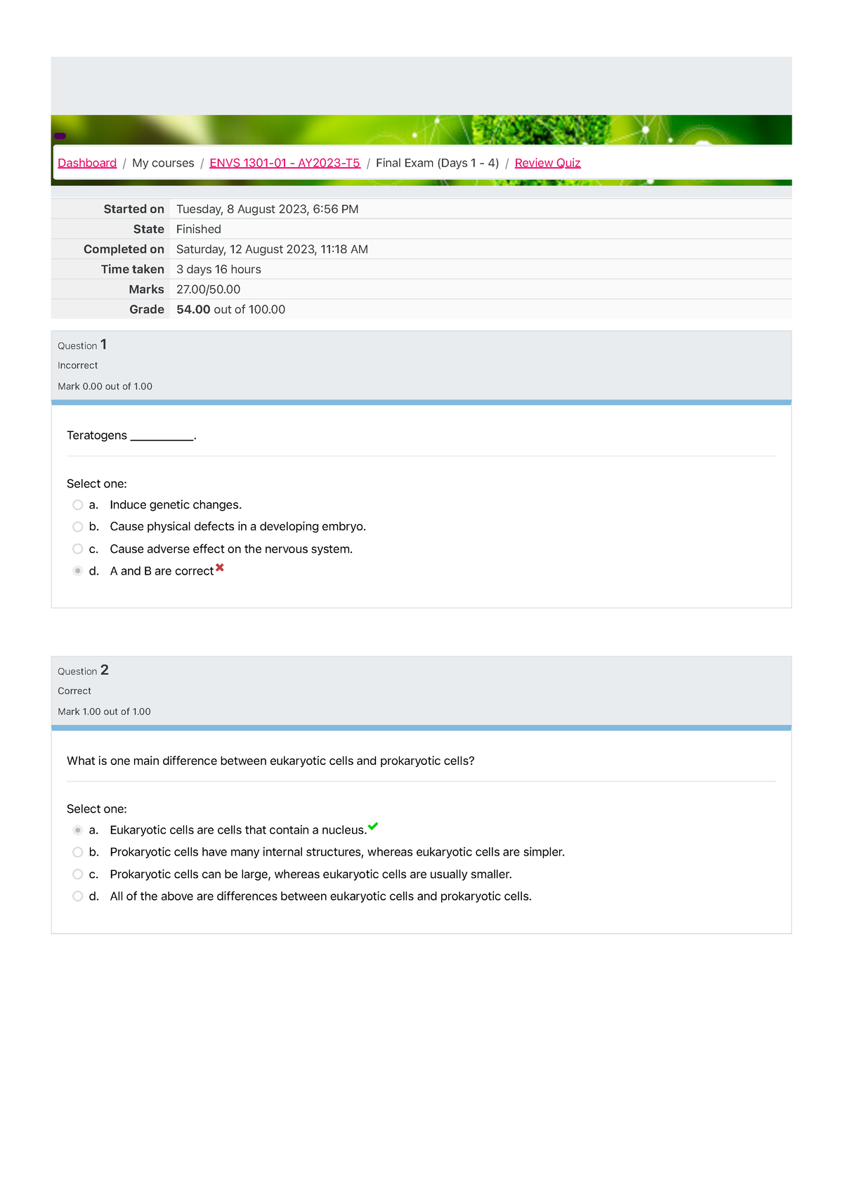 Review Quiz- Attempt Review - ENVS 1301 - UoPeople - Studocu