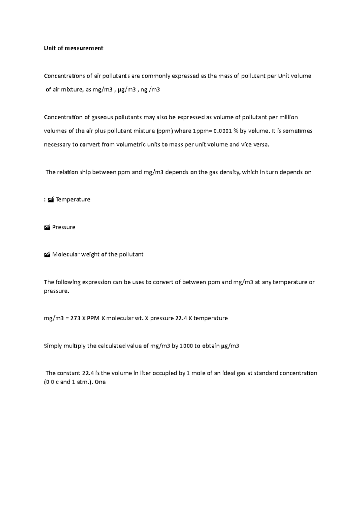 Unit of measurement pollution Unit of measurement Concentrations of