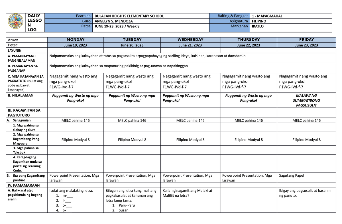 DLL Filipino WEEK 8 June 19 23 2023 - DAILY LESSO N LOG Paaralan ...