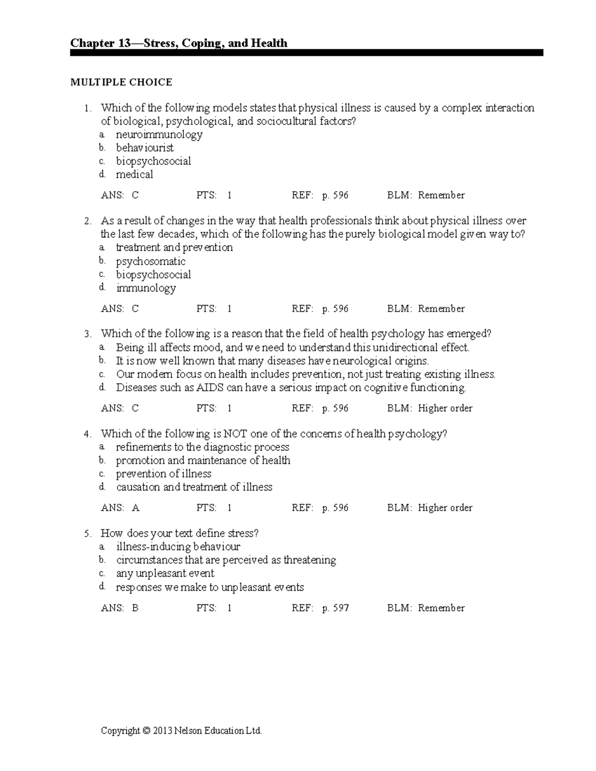 Seminar Assignments - Chapter 13 - Stress, Coping, And Health - Chapter ...